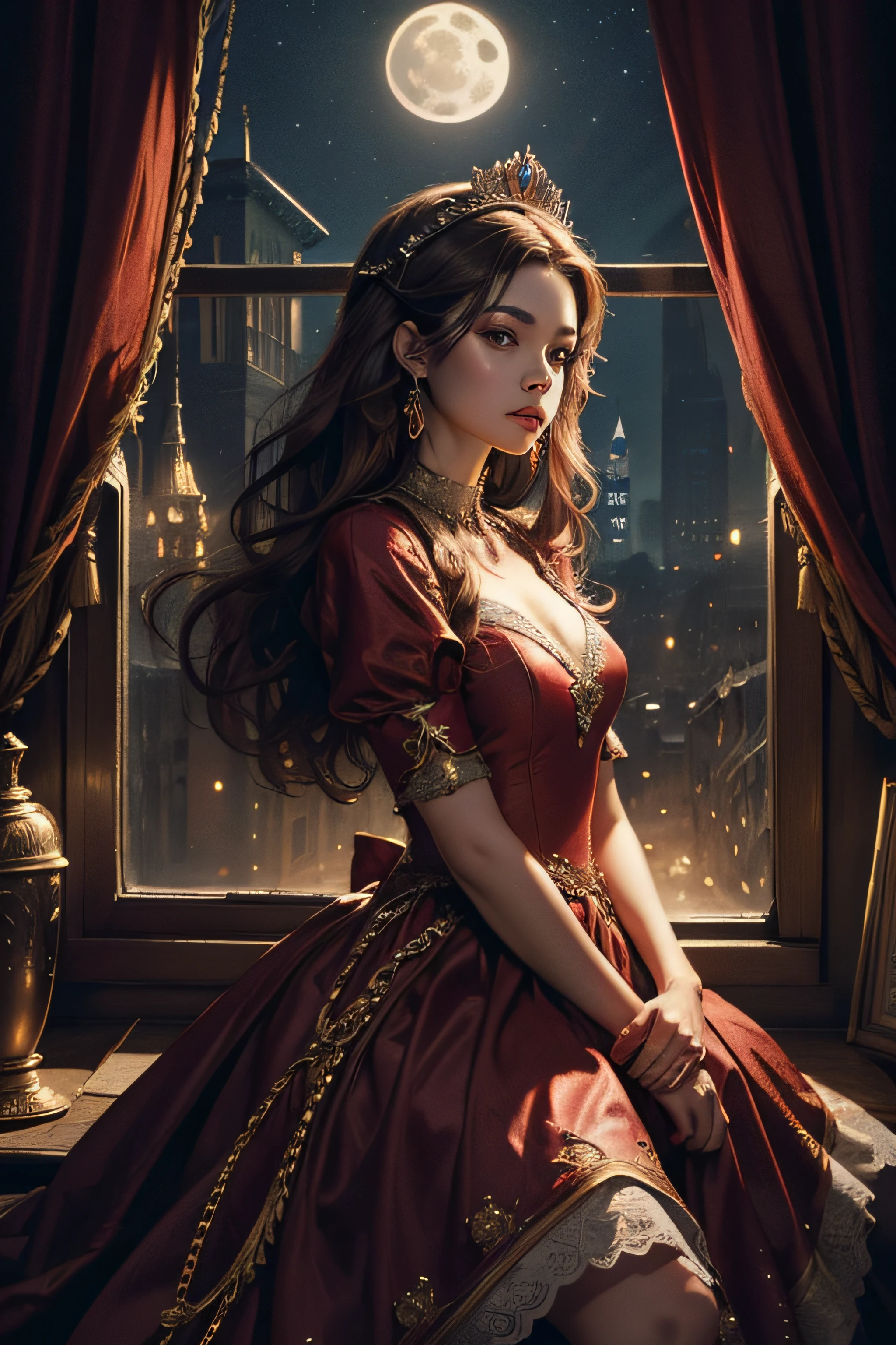(masterpiece, top quality, best quality, official art, beautiful and aesthetic:1.2), (1girl), extreme detailed, colorful, highest detailed, crown, princess watching full moon from window, dark red dress