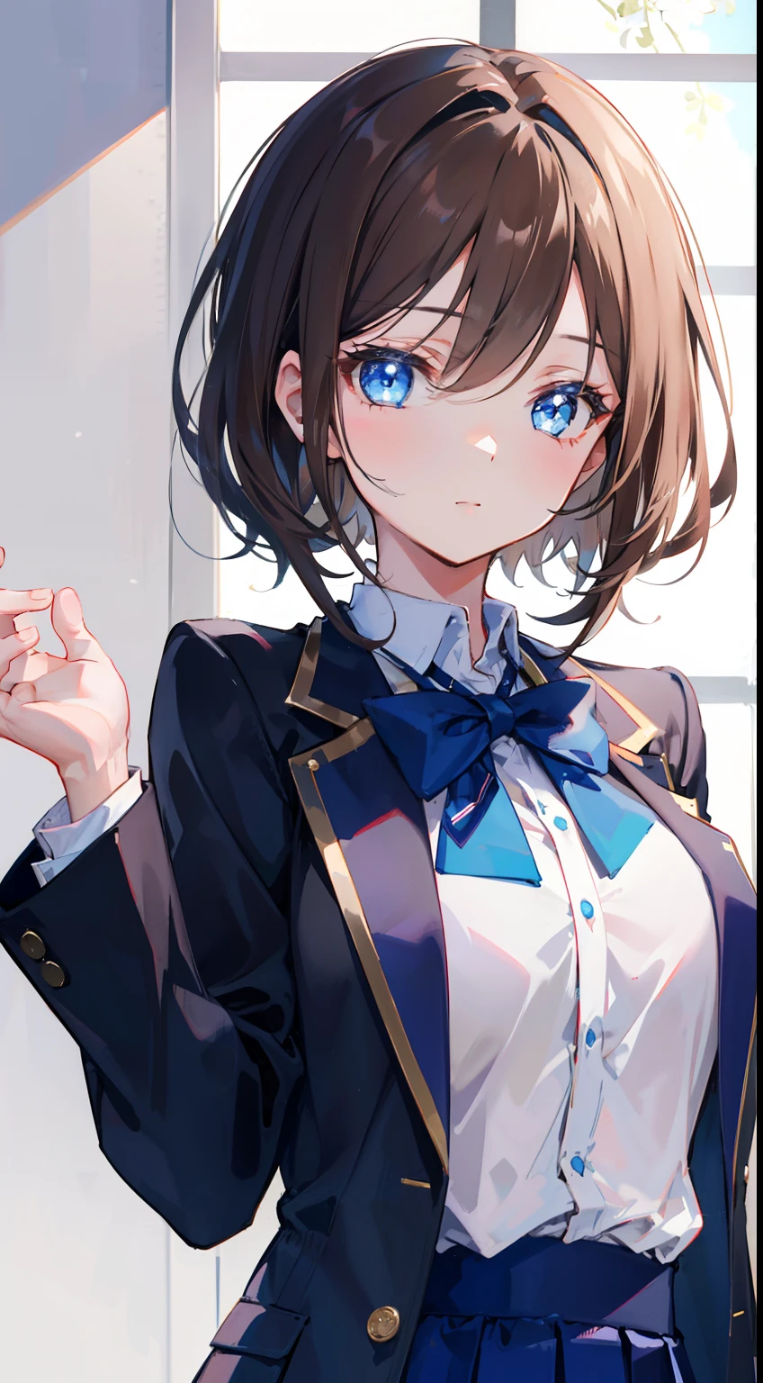 "A girl with flowing, short brown hair and beautiful blue diamond eyes, wearing a high school uniform and jacket, exudes a moe and cute aura with a chubby appearance."