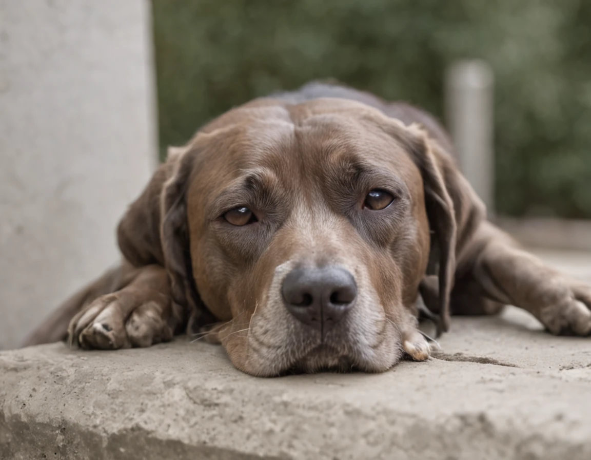 A tired-looking dog, slumped against a wall, its eyes half-closed and its head drooping.