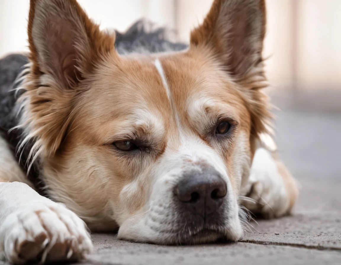 A tired-looking dog, slumped against a wall, its eyes half-closed and its head drooping.