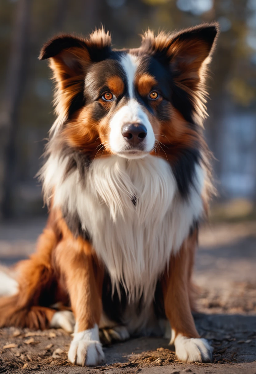 This generates an artistic image of a brown and white Border Collie wearing a realistic costume inspired by Goku from the Dragon Ball series.
