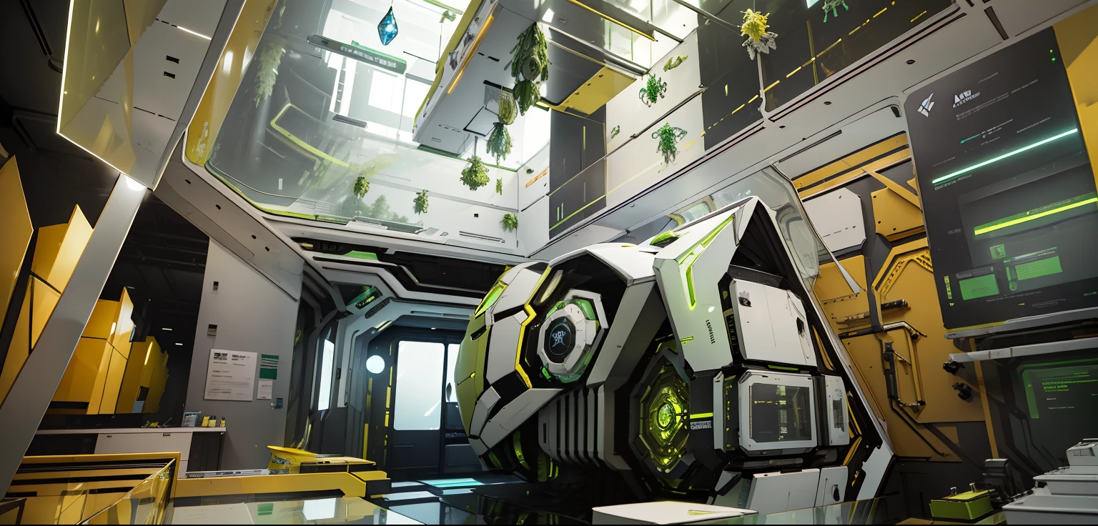 A green, yellow, white element of the creature company science fiction hall,High mostly made of clear glass,There are many distinctive company logo identifiers。