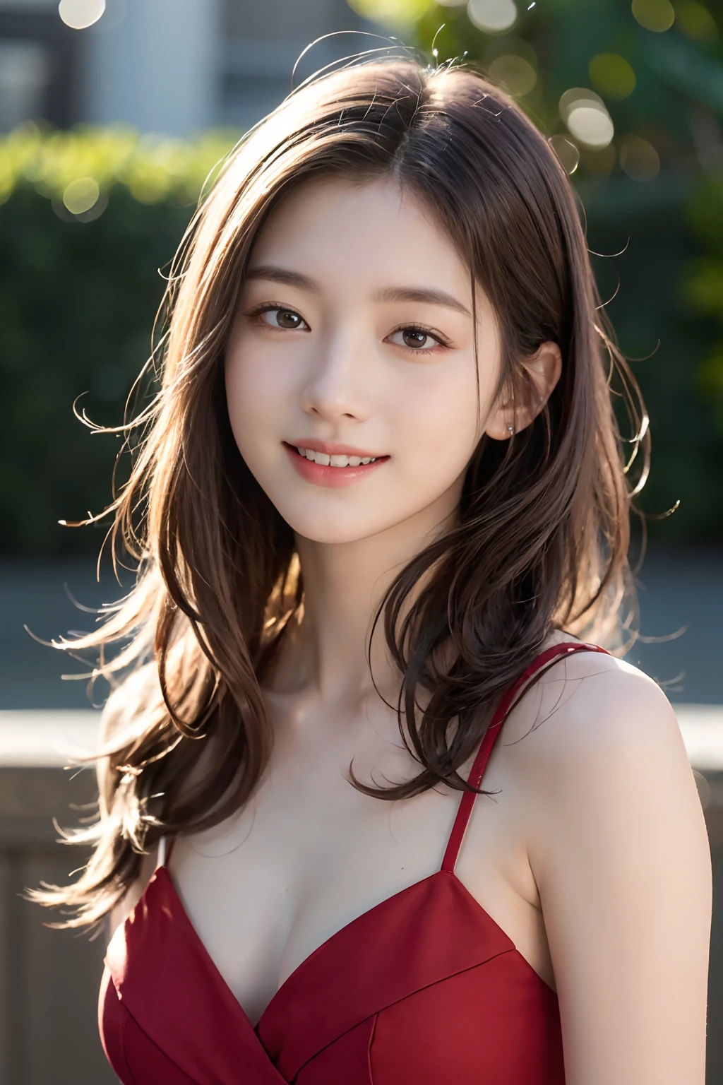 Highest quality、8K、No makeup、masterpiece、Clear photos、Ultra-high resolution、Realistic、Professional Lighting、Natural light、smile、Ultra slim、Delicate body、very cute、 cute!、Idol、White skin、(Medium breast:1.8)、Wearing a pale pink blouse:1.8、Lean forward:1.6、Her cleavage is visible:1.8、Detailed face、Clear photos、Outdoors、Grass Square、Embarrassed expression、Lifelike skin texture、Beautiful woman