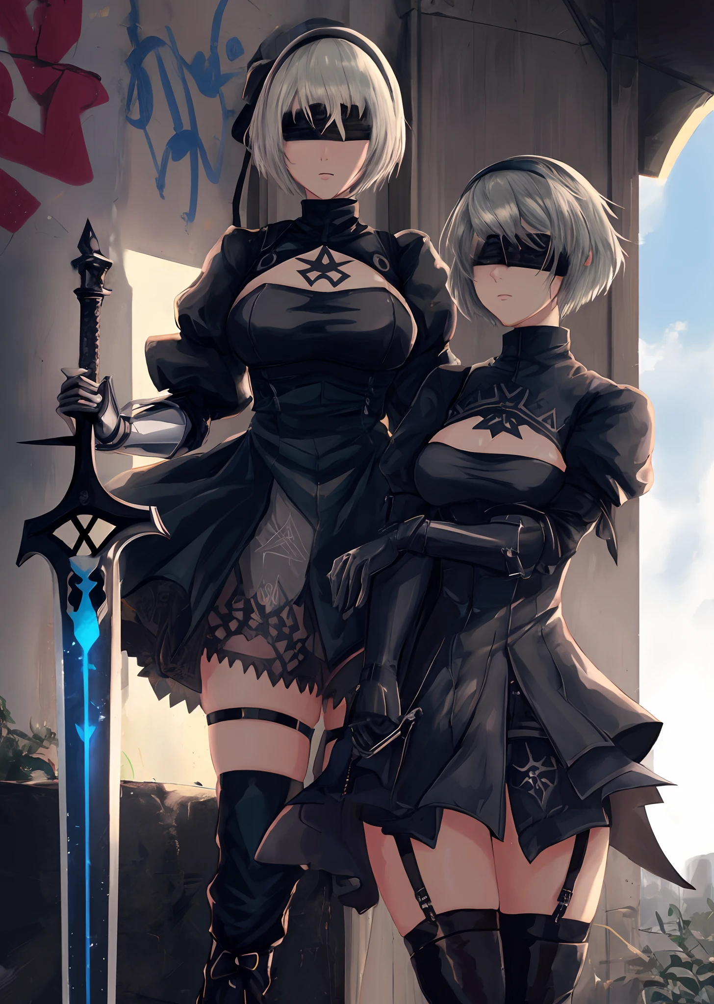 Nier automata, 2b, eyes covered, showing ass, half naked, forest backgroud.(((Half naked)))