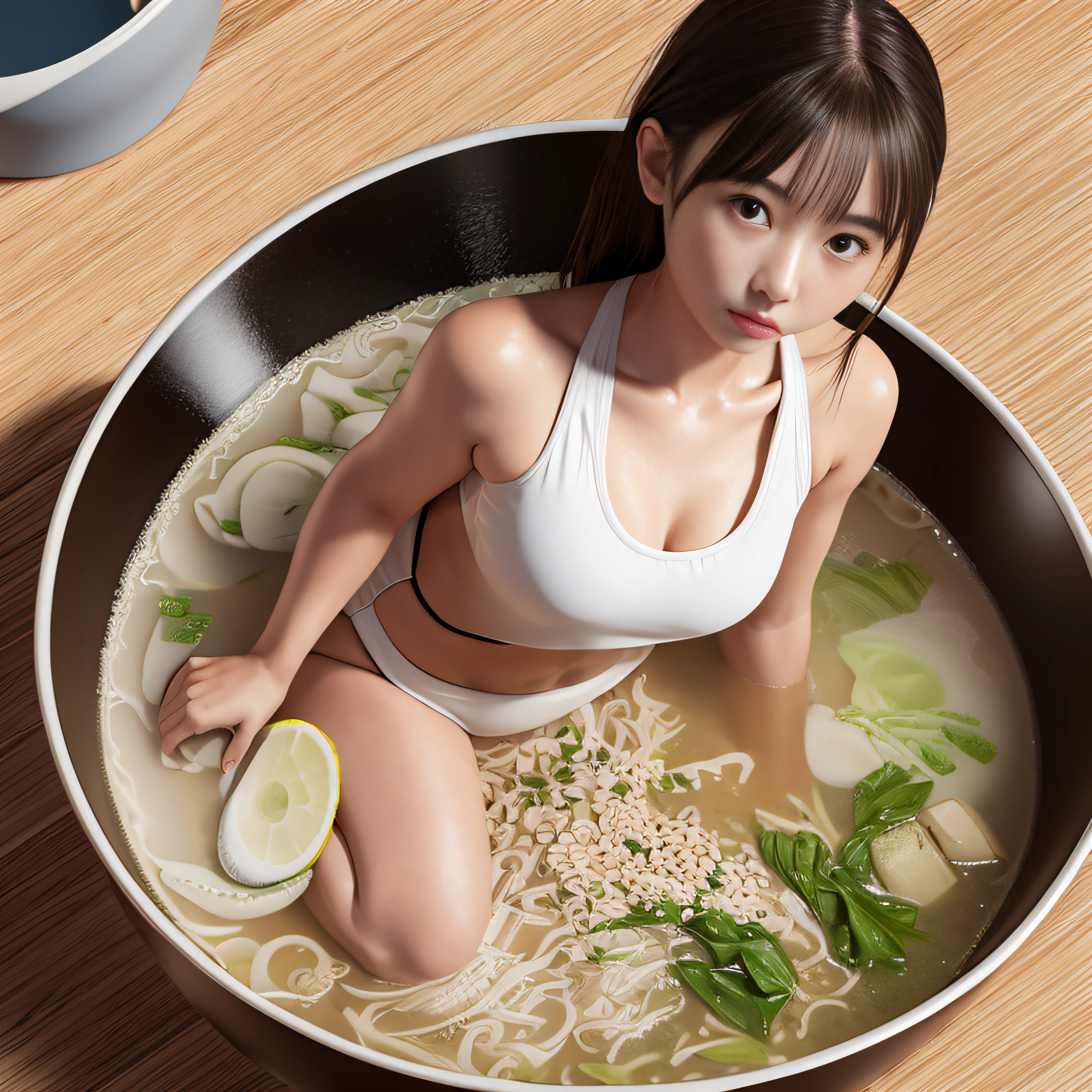 RAW image quality, 8K, (5cm tall girl in a swimsuit for tonkotsu ramen), sesame, Benija ginger, Kayaki, Looking at the camera, ultra high quality CG,