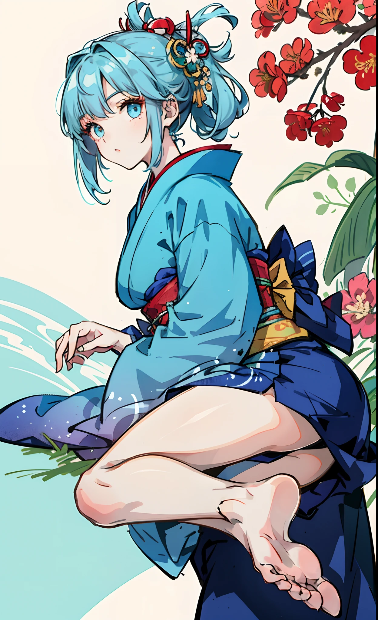 Girl with beautiful eyes with light blue hair，Wear a kimono and show the soles of her feet