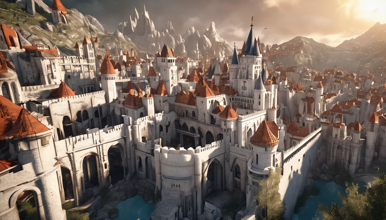 masterpiece, best quality, hyper detailed, epic city, a white glorious medieval city, medieval, fantasy rpg, castle, perfect light, large city, minas tirith, giant dragon, white sky, high bright, ultra hd, super detailed city, ultra detailed castle ::n_blurry, cartoon, poorly drawn