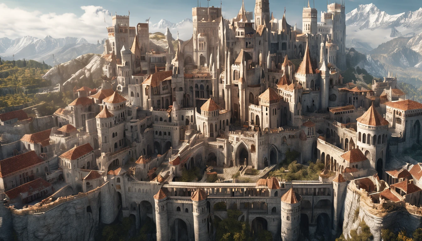 masterpiece, best quality, hyper detailed, epic city, a white glorious medieval city, medieval, fantasy rpg, castle, perfect light, large city, minas tirith, giant dragon, white sky, high bright, ultra hd, super detailed city, ultra detailed castle ::n_blurry, cartoon, poorly drawn
