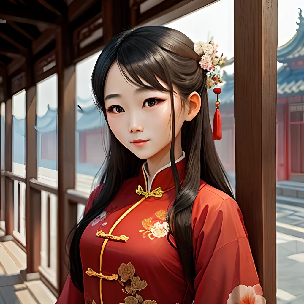 China-style,a beauty girl,traditional architecture,Black hair,二重まぶた,Skinny beauty