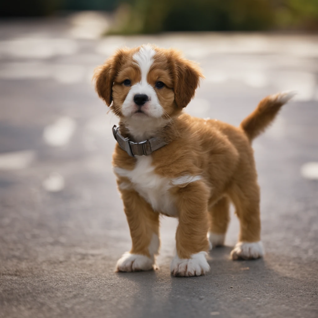 puppy with light brown coat and medium hair with white details