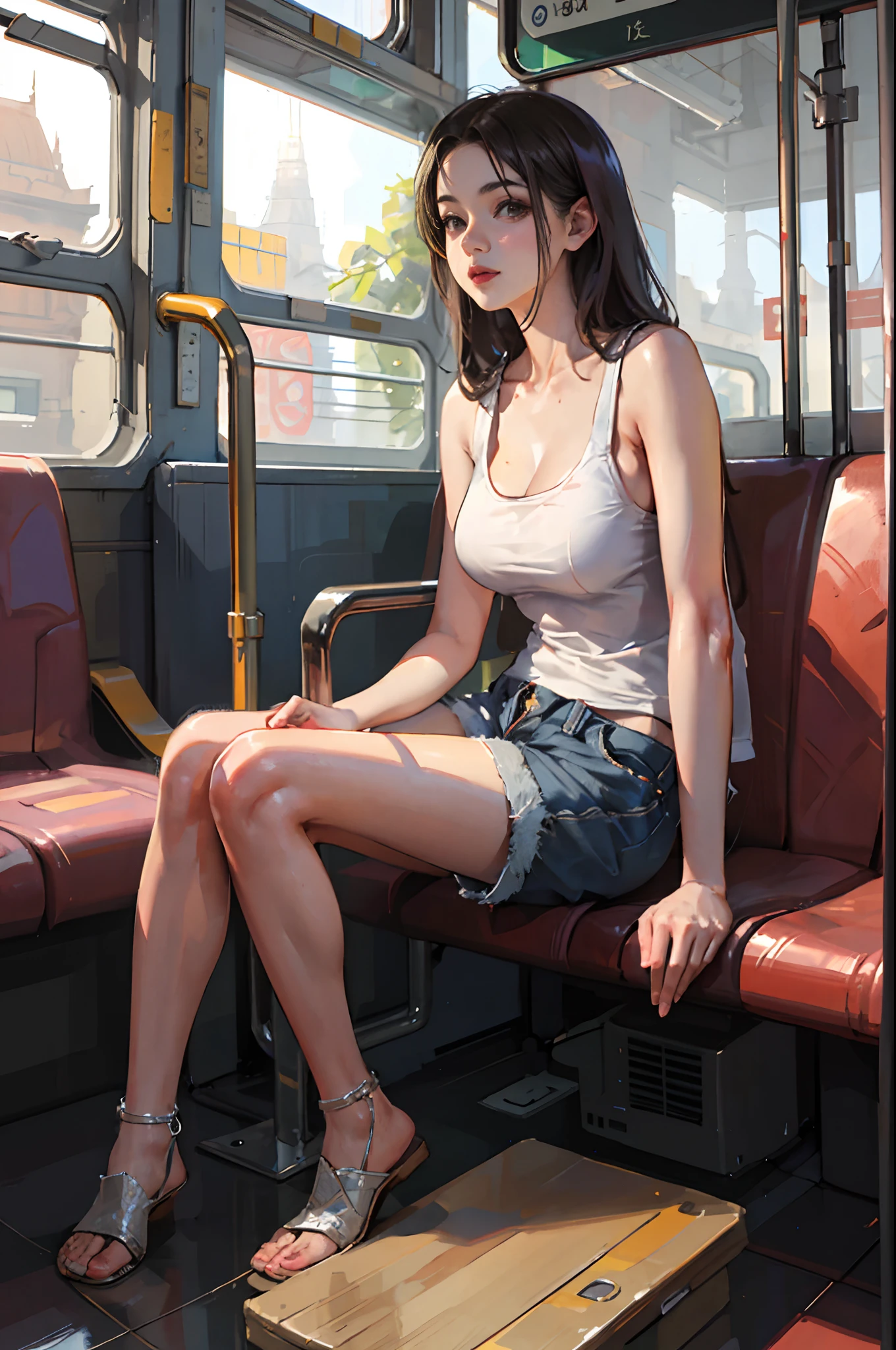 ((((Sitting in your seat))))、(((((Pose with wide legs open:1.5)))))、(((((Full Body Shot)))))、((((Highest quality))))、(((Ultra-precision CG16K wallpaper)))、((((((from the front、From below))))))、(((Very detailed)))、(((Attention to detail)))、Black pubic hair、((29 year old mature woman:1.6))、((とてもbeautiful日本人の顔))、((Put your arms behind your back:1.5))、((Straight medium hair、Blunt bangs:1.5))、(Shiny brown hair)、beautiful delicate brown eyes、eyeliner、eye shadow、High nose、Small nostrils、Small Mouth、Seductive lips、beautiful breasts、((D cup size breasts))、Cleavage、Voluptuous body、eight-headed body、Perfect proportions、Perfect Anatomy、Perfect composition、beautiful detailed shading、beautiful, Natural light、beautiful detail glow、Written boundary depth、(((High chroma)))、(((Genuine:1.9)))、((Vivid:1.5))、((beautiful Skin))、((Skin Texture))、((Genuineな皮膚感))、(((Full Shot:1.6)))、((Front view、Front Low Angle:1.6))、(((Confused face:1.4)))、(Woman is facing the front:1.6)、Bright sunlight、Natural light、(((Inside the train:1.6)))、(((Detailed depiction of a beautiful black bra and high-leg panties:1.6)))、((Earrings、Wearing a hair band:1.3))、