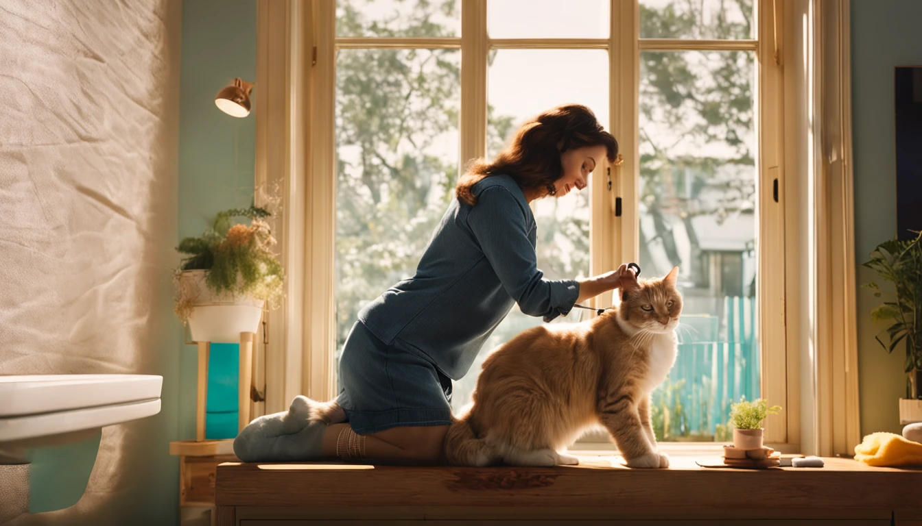 A woman pet groomer carefully brushing a contented cat in a sun-drenched room.