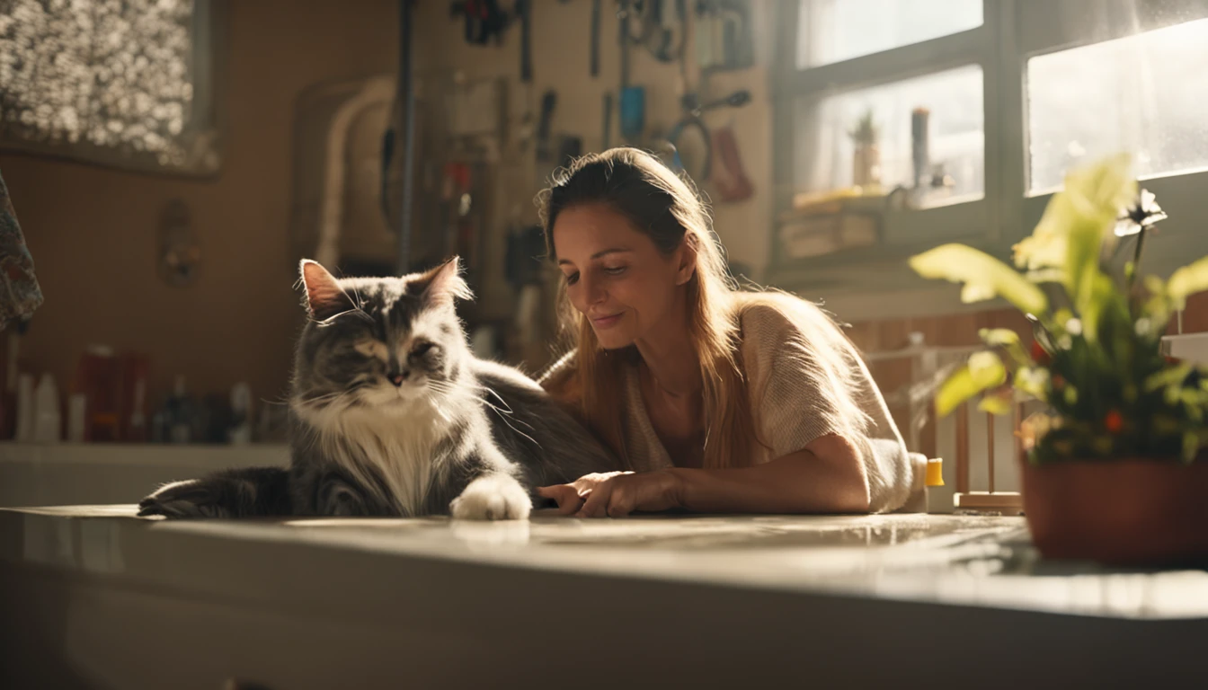 A woman pet groomer carefully brushing a contented cat in a sun-drenched room.