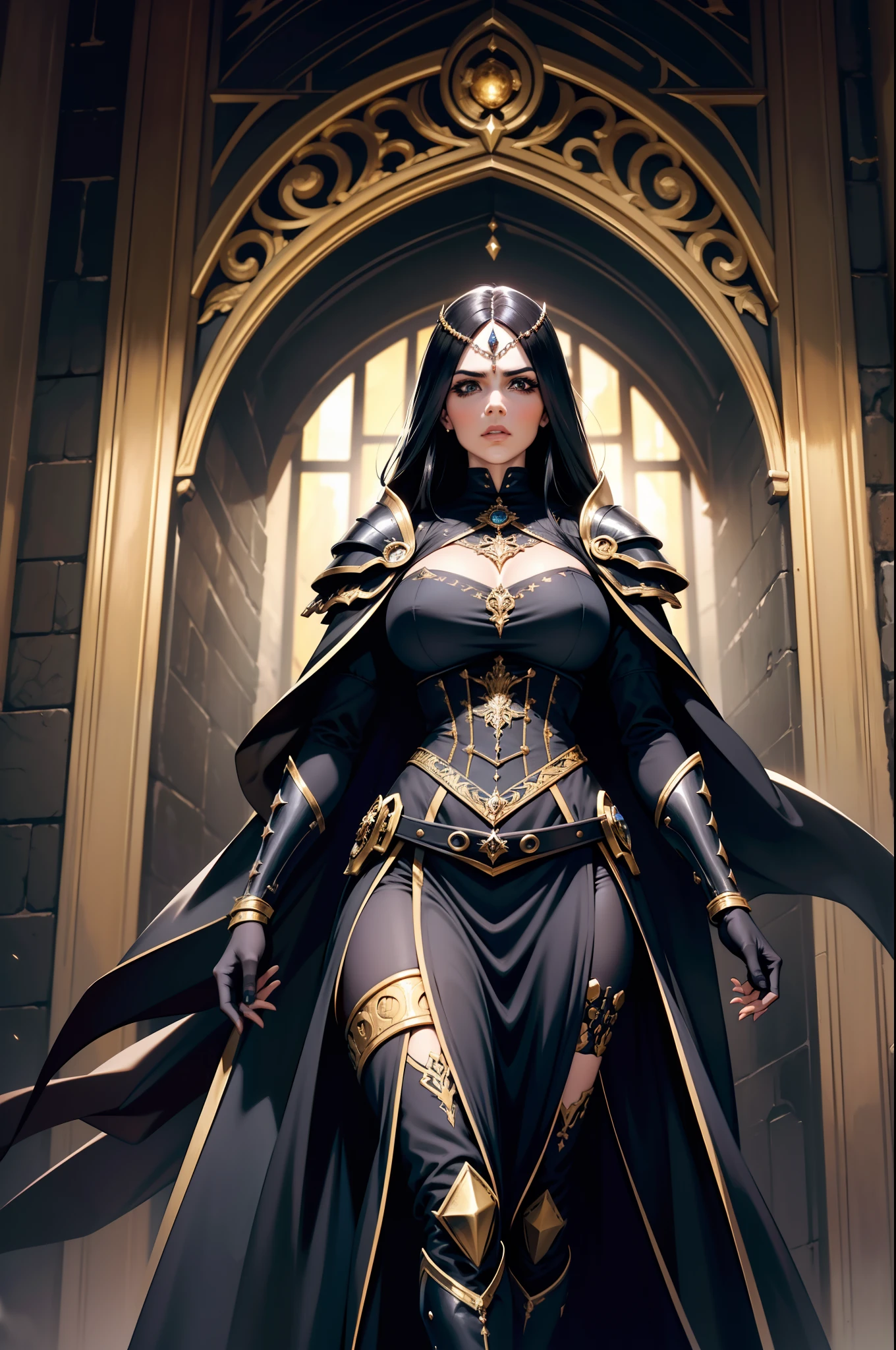Uma personagem feminina maga, cabelos longo preto, Black and gold Gothic armor, Correntes, capuz, manto, portal, Magnificent, crowd, Cidade medieval, mages, portal, armadura com detalhes arcanos, sentada de pernas cruzadas  na biblioteca , Magnificent, dramatic scene, 8k