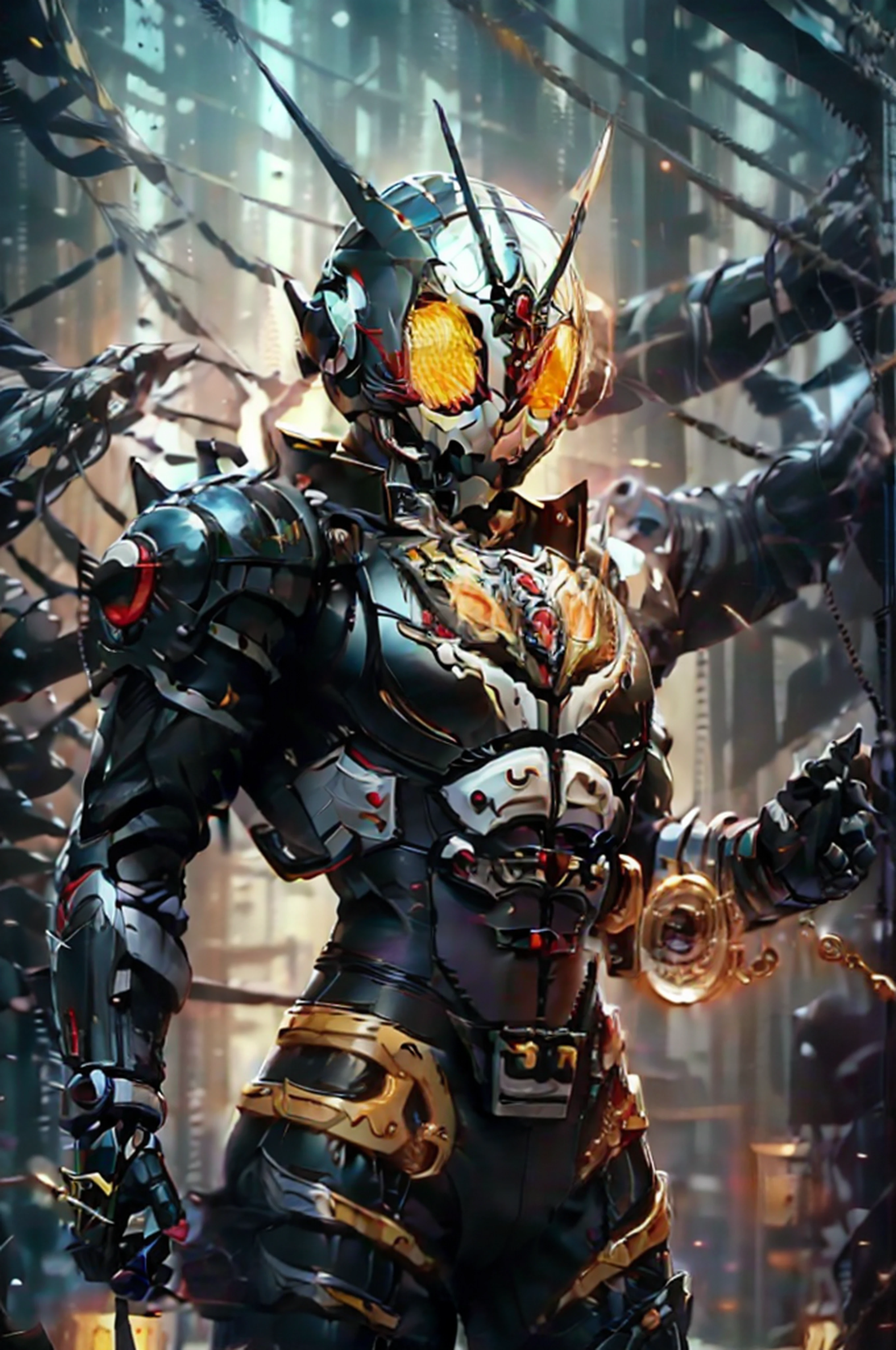 Kamen Rider, Armadura negra, roupa cinza, olhos azuis, capacete com detalhes prata, realista, solo, roboto
