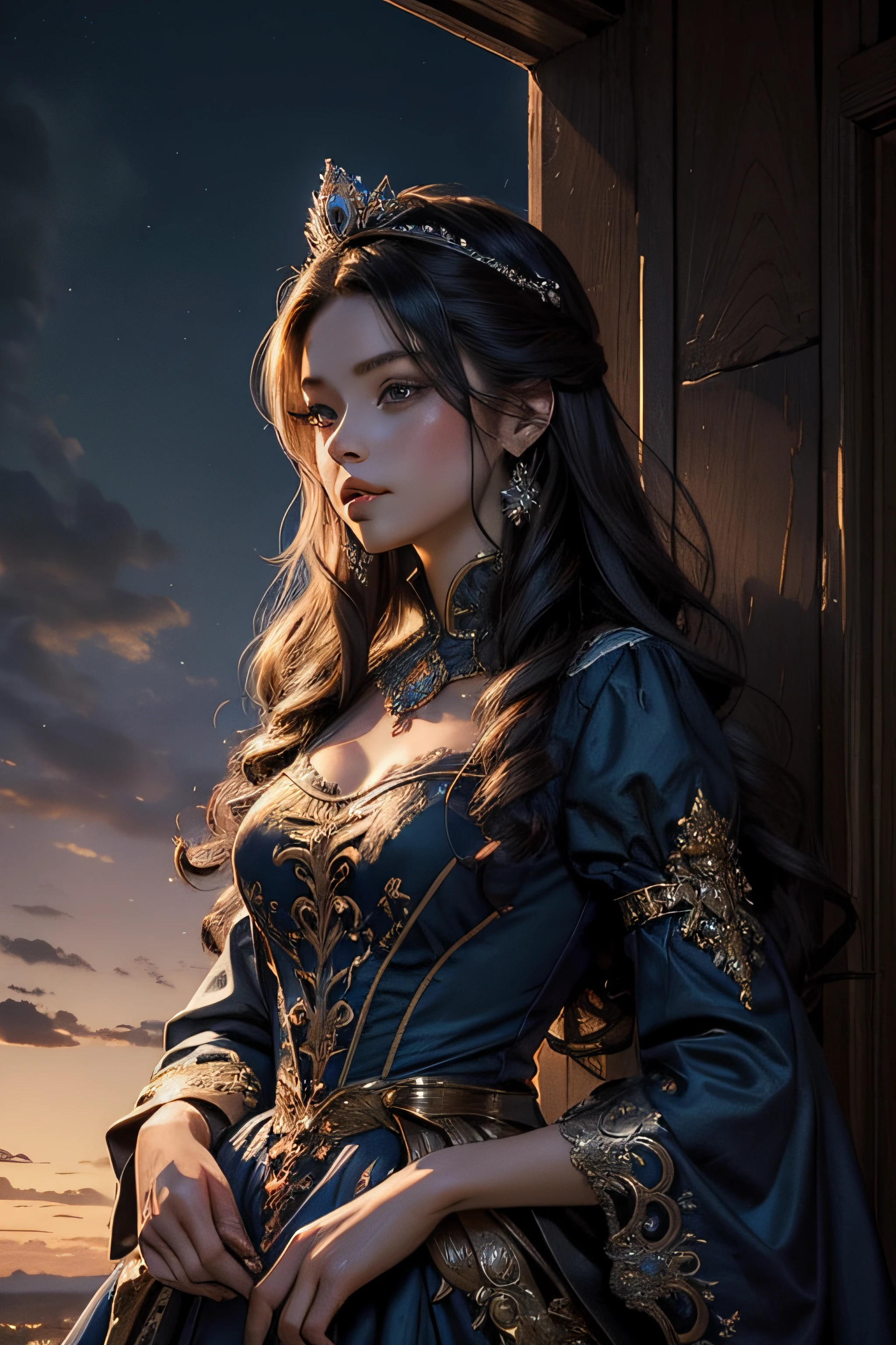 (masterpiece, top quality, best quality, official art, beautiful and aesthetic:1.2), (1girl), extreme detailed, colorful, highest detailed, crown, princess watching sunset, dark blue dress