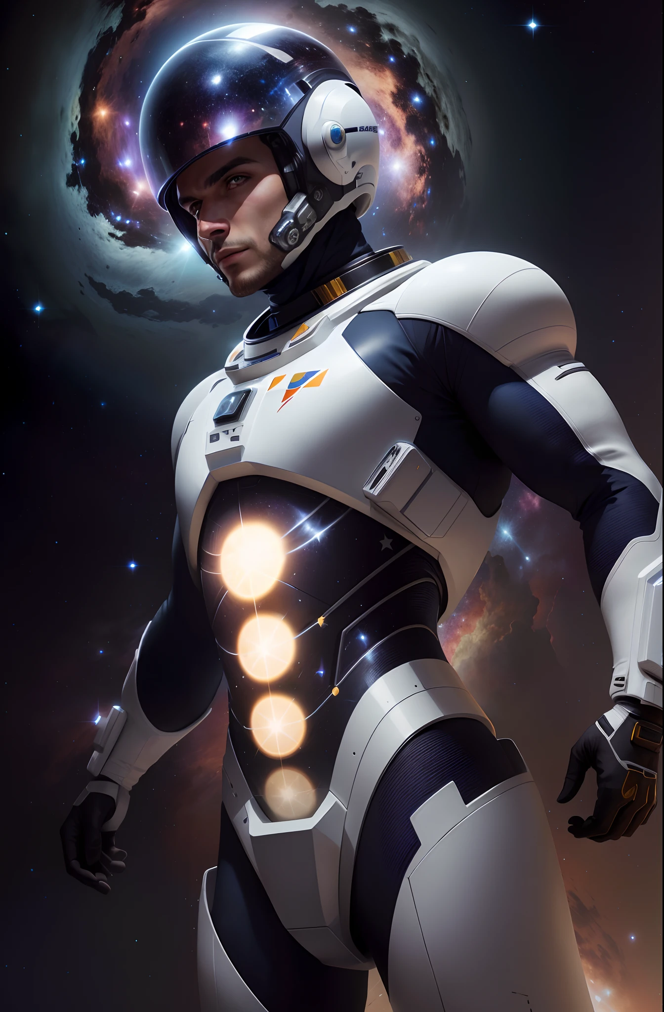 There's a man in a space suit with a helmet, Traje espacial interestelar, traje espacial futurista, science fiction space suit, astronauta futurista, traje espacial com pequenas luzes LED, science fiction suit, Retrato de um ciborgue espacial, Retrato de um astronauta de IA, sci - terno fi, traje espacial moderno, bionic scifi alexandre ferra, Traje espacial detalhado conduzido