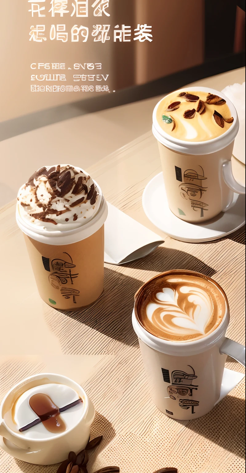 There were four cups of coffee，There are different toppings on it, paper cup, coffee mug, coffee mug, colored milk tea, cartoon paper coffee cup, 💣 💥, ❤🔥🍄🌪, latte art, Hot coffee, 3. Joy, kawa, celebration of coffee products, warm, Handsome, 💣 💥💣 💥, delicacy, Delicious, hot cocoa drink, Starbucks，photorealisti，Divine sense top light，Cinematic lighting effects，the morning sun，The morning light shines on the table。