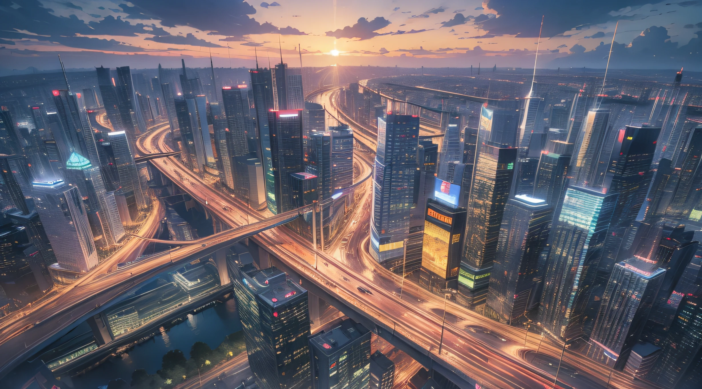 Landscape of the future、birdseye view、Blue sky and white clouds, city, Many buildings.evening glow、the fire、High quality photos、a picture、landscape shot、Faraway view、buliding、Buildings、TOKYOcty、Highway、Elevated、Wagas、Lots of cars、Overlapping highways、Lots of highways