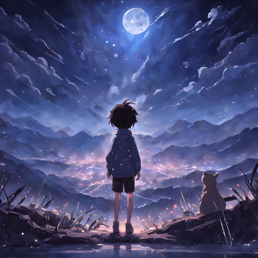 deep in the night,A boy makes a wish to the stars,Accompanied by animals,The bright moonlight shines on the mountains,An endless sense of nothingness is presented,The moonlight in the sky is also slowly fading