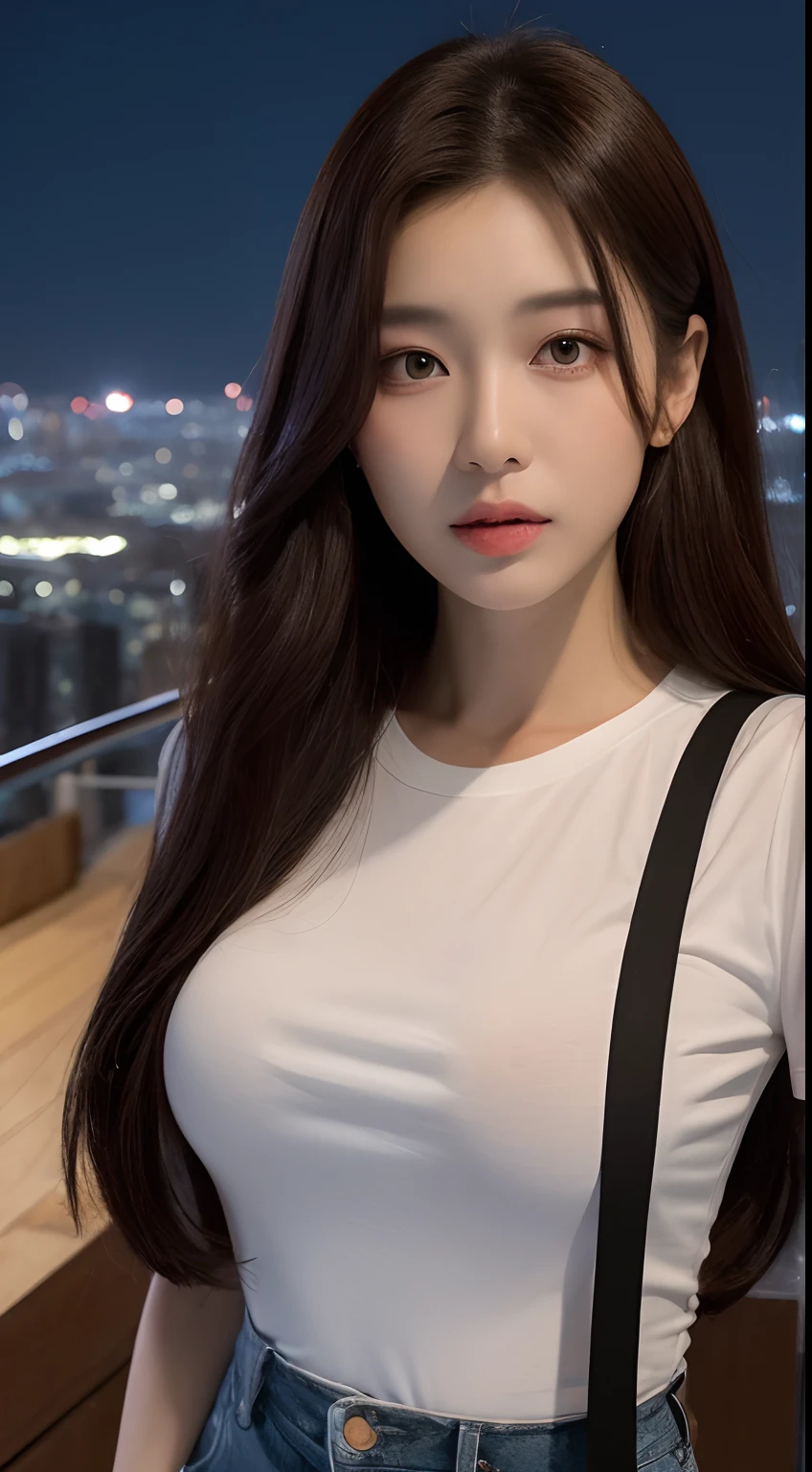 ((Midnight, Best quality, 8k, Masterpiece :1.3)), Whole body, Long legs, Sharp focus :1.2, A pretty woman with perfect figure :1.4, Slender abs :1.1, ((Dark brown hair, Big breasts :1.2)), (White tight tshirt, Jean bib, Standing:1.2), ((Night city view, Rooftop:1.3)), Highly detailed face and skin texture, Detailed eyes, Double eyelid