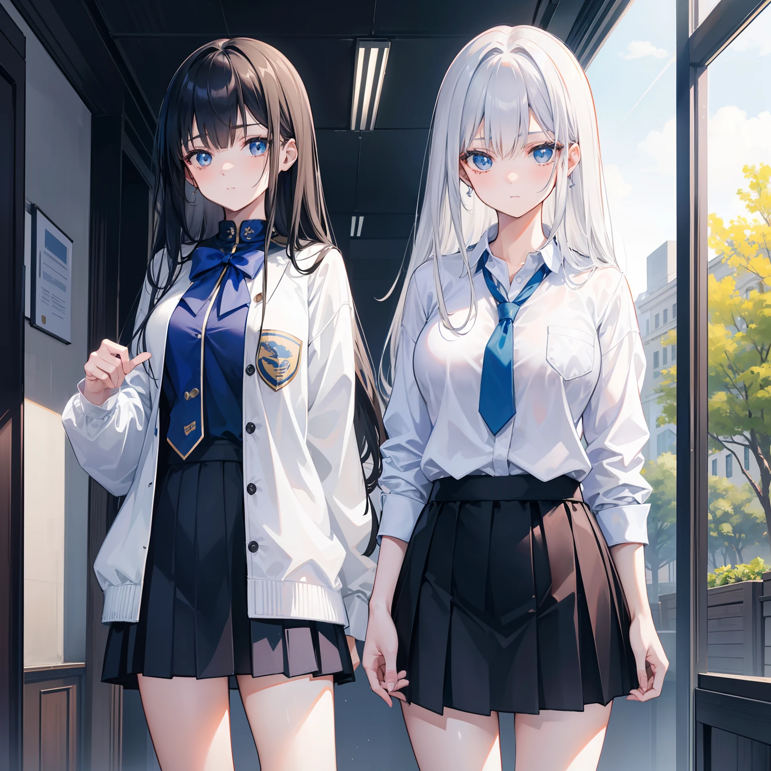 "Craft an image that beautifully contrasts the personalities of Yori and Aina, two college girls standing side by side in a college hall. Yori, radiating extroversion and confidence, confidently stands with her arms crossed. Her outfit comprises a white college shirt accompanied by a dark blue tie, complemented by a stylish dark blue college coat and sneakers. Her captivating black hair and stunning blue eyes perfectly mirror her self-assured demeanor."
"Adjacent to Yori, Aina embodies introversion and shyness, facing in the opposite direction. Donning a white college shirt and a dark blue tie, accentuated by a matching dark blue college coat, Aina emanates an air of quiet elegance. Her distinct silver hair and warm brown eyes tell a tale of subtlety. Aina's countenance is imbued with palpable unease and nervousness, underscoring her distinctive character."
"Capture this captivating scene to showcase the striking contrast between Yori and Aina. Their body language, attire, and expressions paint a vivid picture of two vastly different personalities existing within the same college hall."