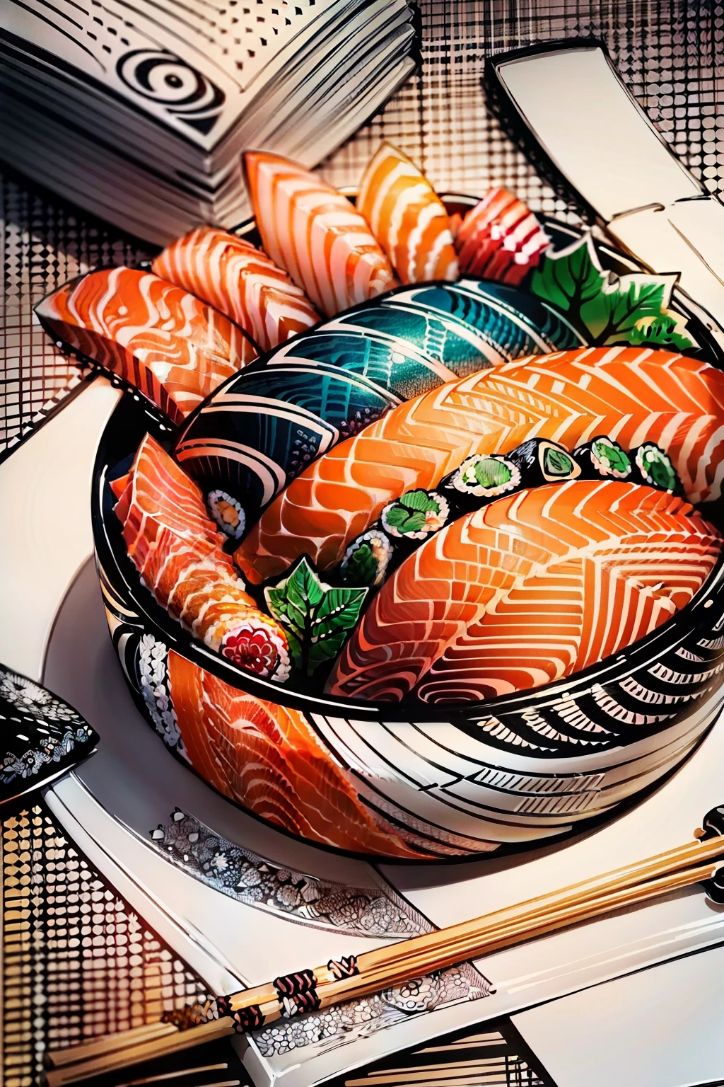 coloring page for adults, mandala, sushi image (salmon sashimi and nigiri), white background, clean line art, fine line art --HD--AR 2:3