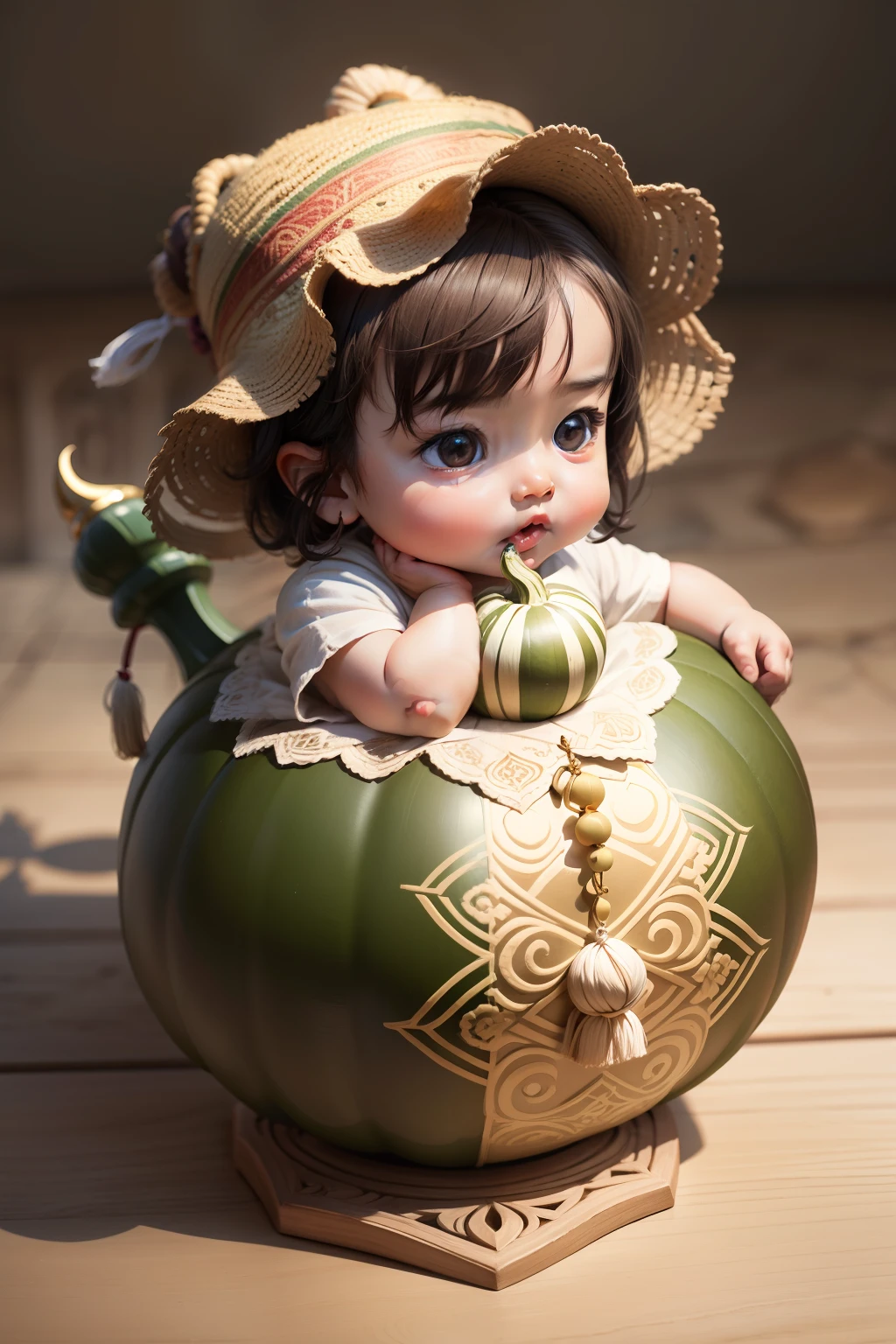 8k, masterpiece, high quality, men, children, black hair and black eyes, oil painting, Q version, green long sleeves, Chinese children's clothing, holding rice, happy