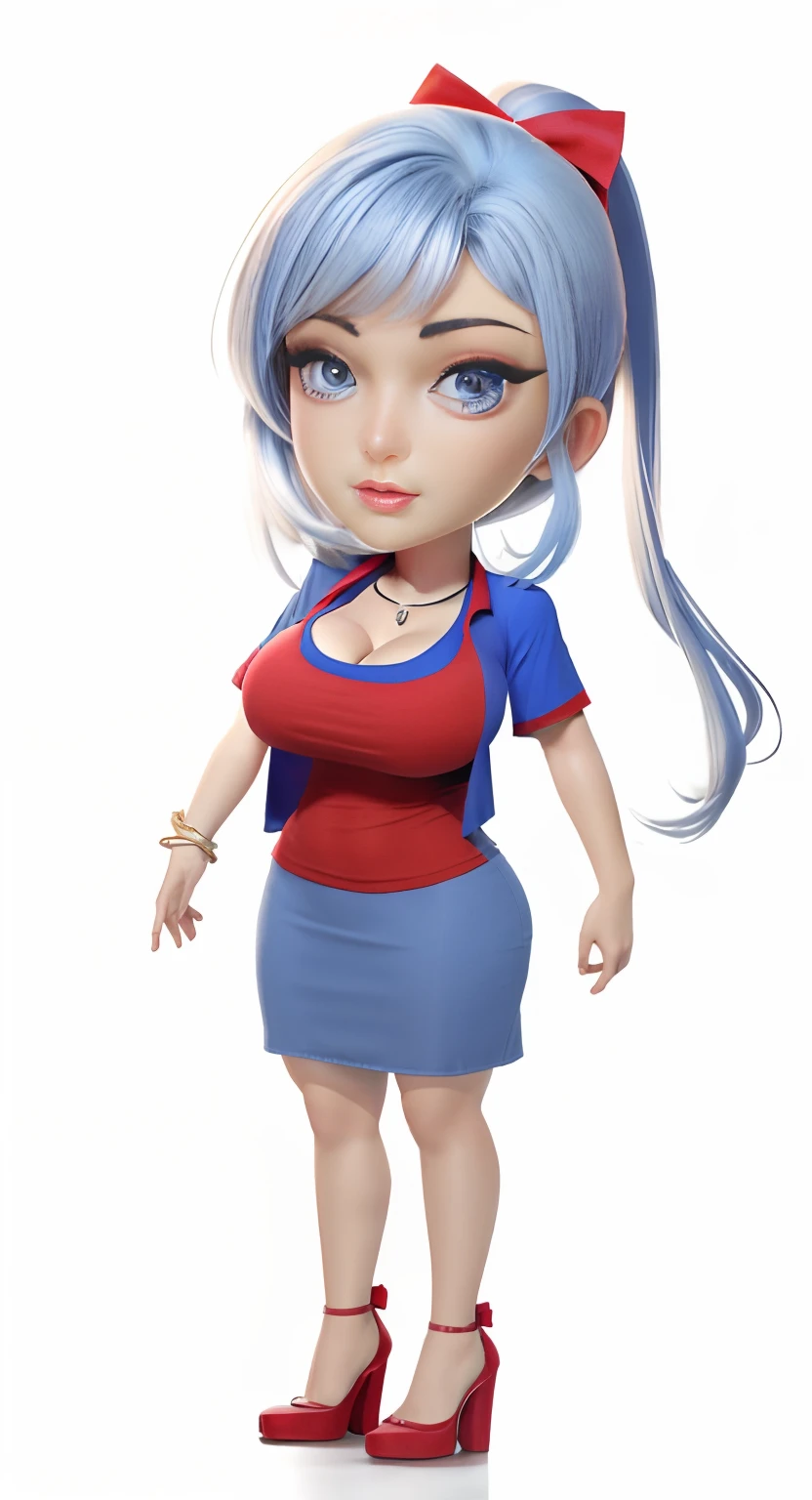 20 year old female，huge tit (Big breasts and big breasts)， low-contrast, Plain fabric，A woman in a red shirt and blue dress