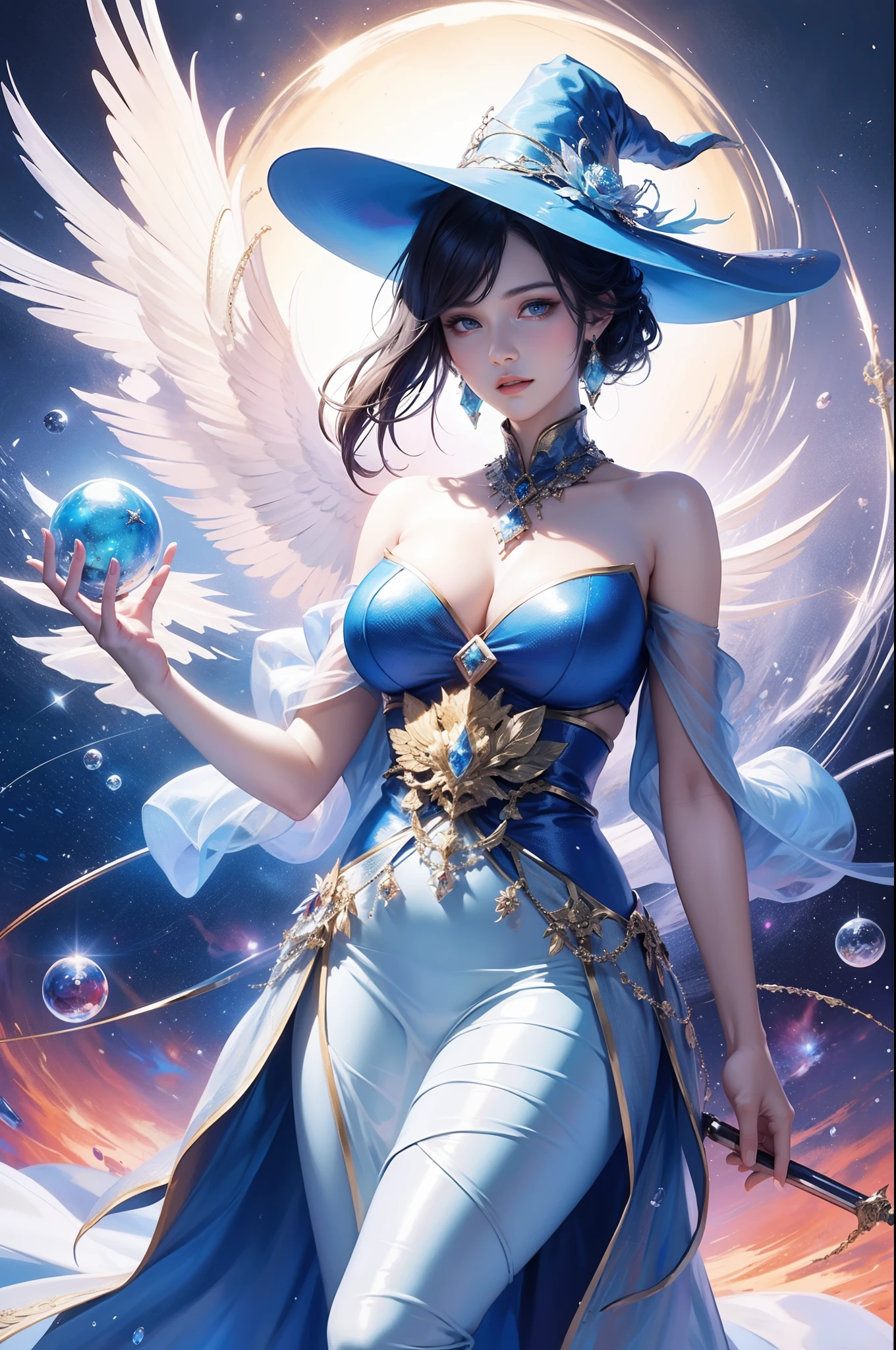 sorceress woman,Conservative attire,(With a huge hat),Crane in blue,Wearing blue and red and white princess dresses,Close-up of upper body,Close-up photos,jewelery,Visions of heaven and earth,Magic crystal ball,The background is the Milky Way,solar system,Don't miss your shoulders,No cleavage。