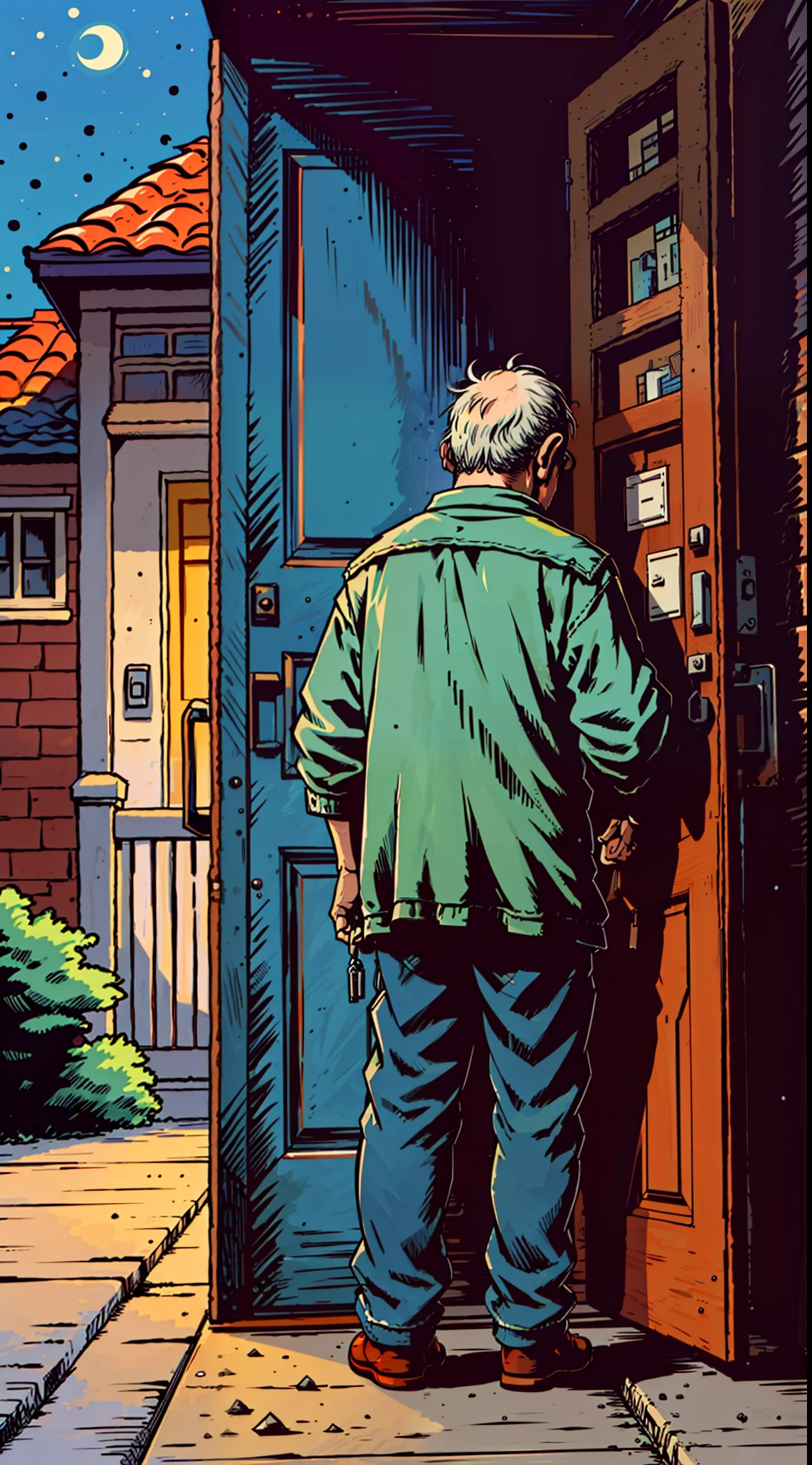 Back view, An old man who is locking and opening the door of the house from outside late at night,