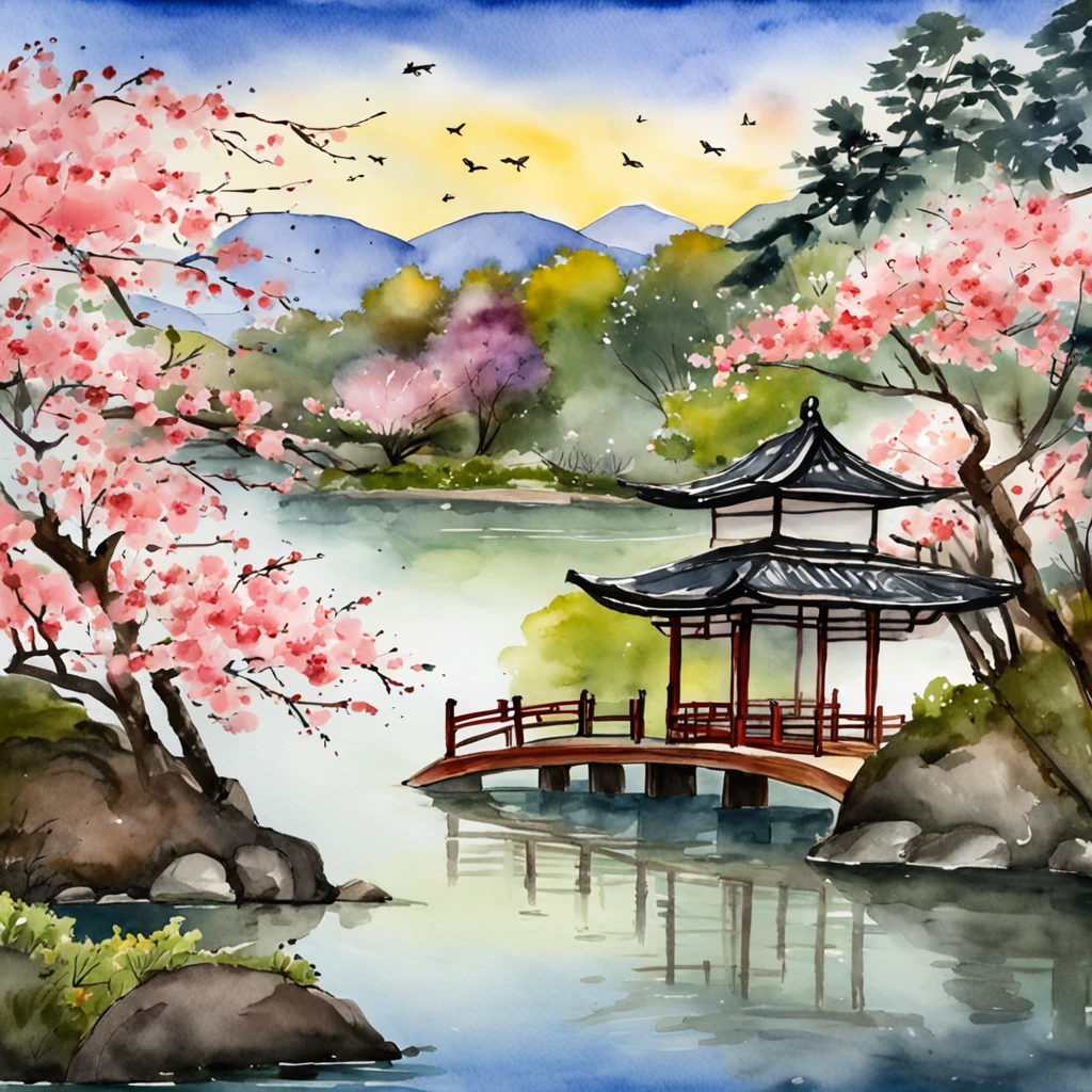Describe a quiet scene in a traditional Japanese garden during the spring season. Explore os elementos visuais da cena, like cherry blossoms in full bloom, um lago sereno com carpas coloridas nadando, uma ponte de arco delicado, stone lanterns illuminated by the setting sun and a traditional tea pavilion by the garden. Capture the serene and harmonious atmosphere that is characteristic of Japanese aesthetics, highlighting the connection between nature and culture."