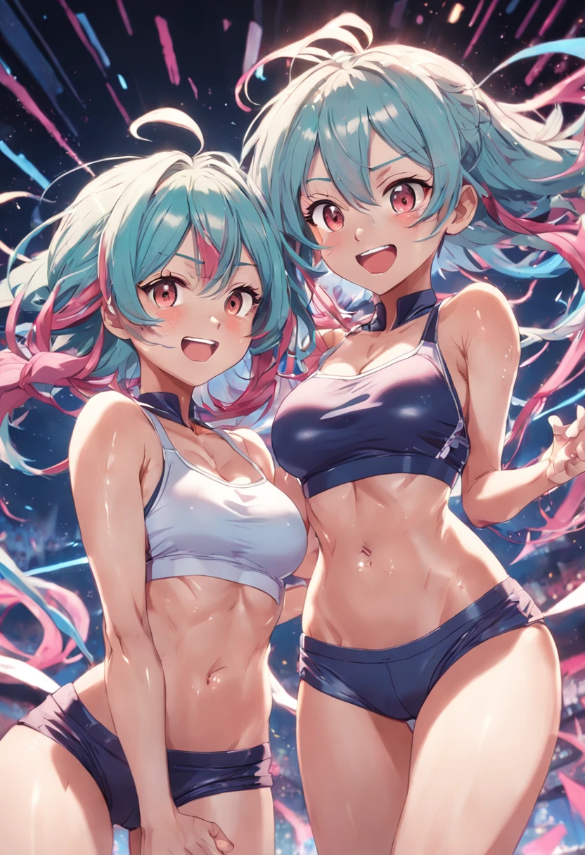 Two young women, (anime), poses de corpo inteiro, exercitando-se intensamente em uma academia, wearing sports bras and floss made of transparent fabric, com suor brilhando em seus corpos. Both have short, messy multicolored hair with smiling faces, and one of them has visible pubic hair. They have toned athletic bodies with slim waists and huge breasts. (Mamilo inchado:1.3)