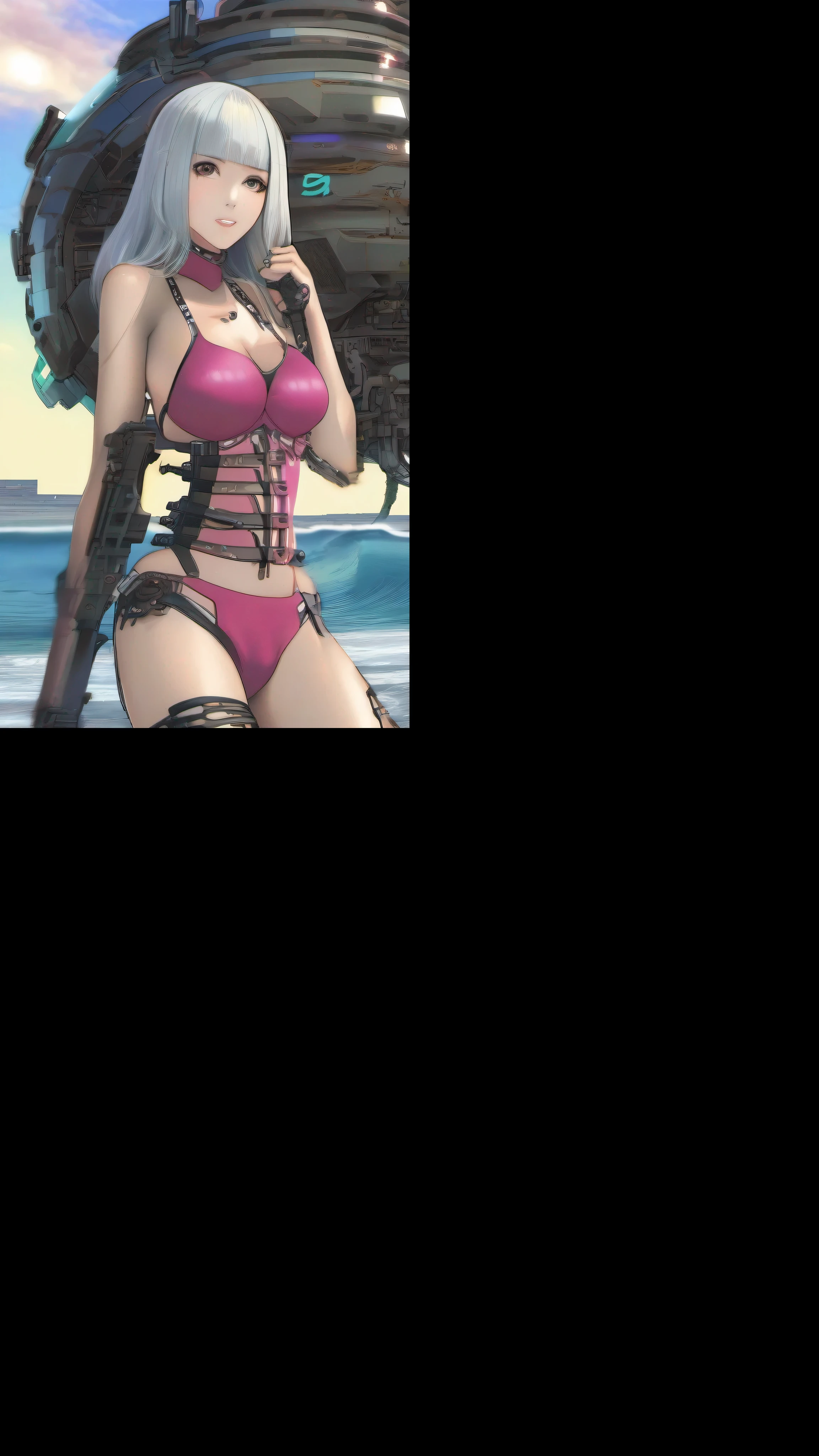 best qualtiy,Refined face,25岁少女,Slim body,Mechanical body,Robotic skeleton,beachside,Stand up,sea beach,There are huge alien ships floating in the air,cyber punk perssonage,Sci-fi bikini lingerie,Thighs apart,pantyless,Panties are visible to the audience,pantyless