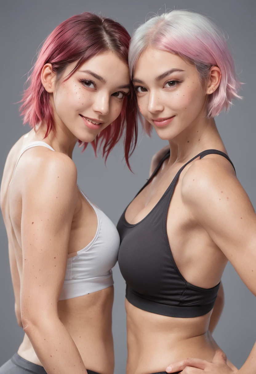 Two young women, (anime), poses de corpo inteiro, exercitando-se intensamente em uma academia, wearing sports bras and floss made of transparent fabric, com suor brilhando em seus corpos. Both have short, messy multicolored hair with smiling faces, and one of them has visible pubic hair. They have toned athletic bodies with slim waists and huge breasts. (Mamilo inchado:1.3)