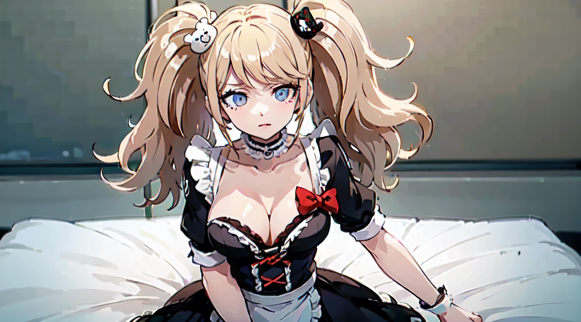 a woman is cleaning her house, wearing sexy maid dress, good hand, high-res, masterpiece, best quality, head, finely detailed skin, sharp focus, (cinematic lighting), soft lighting, dynamic angle, medium breasts, (((inside mansion))), junko enoshima, blonde long hair, 1girl, twintails, solo, breasts, blue eyes, cleavage, collarbone, large breasts, bangs, bow, bear hair ornament, nail polish, red nails, red bow