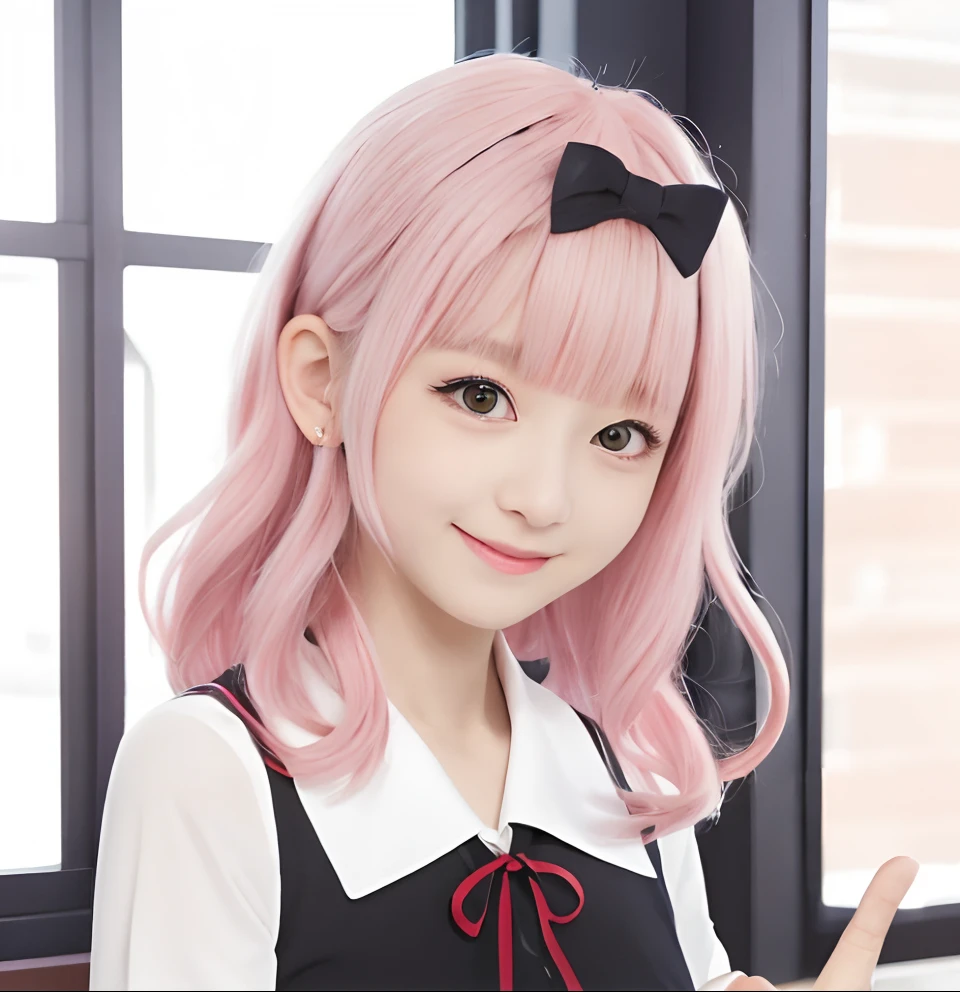 Alafe girl with pink hair and black uniform smiles, Red ribbon at chest, Wavy Hair, Wearing a black ribbon on her bangs, Cute girl visuals, best girl, she has a cute expressive face, Shirabii, shikamimi, ****sh, Haruno Sakura, A girl named Lucy, kawaii faces, girl with, Cute natural face, Today's Attention, top-quality, 8K, ultra-detailliert