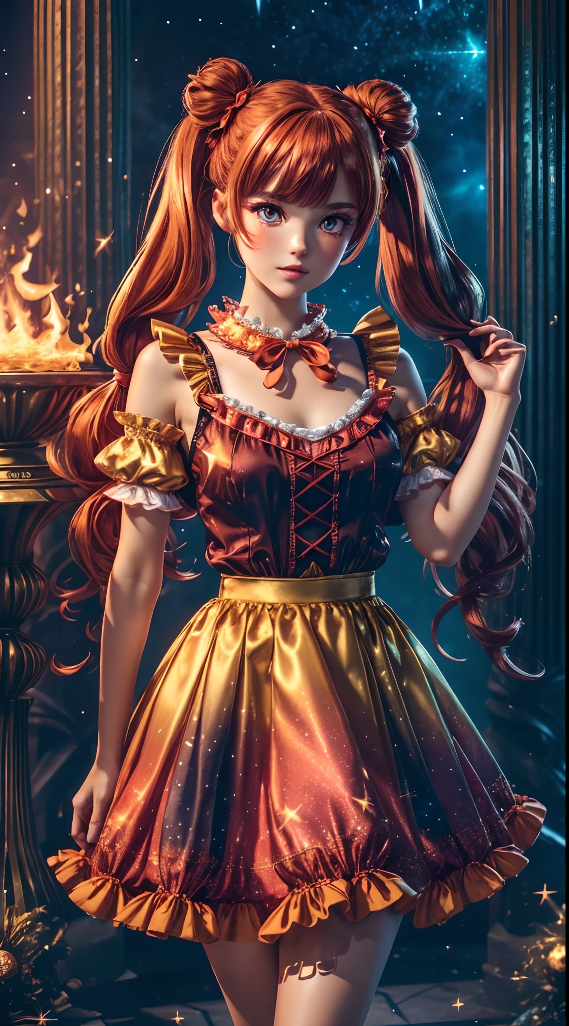 (fullbody, legs and shoes visible: 1.2)) expressive eyes, woman, pale skin, long hair, windblown hair, ((long hair)), long sidelocks, hime bangs, hair fringe, hair bun, ((long twintails)), lush hair, red hair, blushing, full face blushing, big sparkling glowing red eyes, (gradient eyes), open mouth smile, cute pose,
flowy flaming dress, ((gold multicolored open dress)), (mist), orange ruffles, yellow frills, (light red lace), detached short sleeves, puffy skirt, ((fire and stars print skirt : 1.3)), lolita skirt, dark red bows, ((pompon ribbons hair ornament : 1.4)), multiple bows, striped lace stockings, (heart shaped leg garter), cute (dark orange) shoes ((hyperdetailed clothing and fashion)) looking at you, vintage girl, blushing, (beautiful detailed eyes), (extremely detailed CG unity 8k wallpaper) (best shadow), ((an extremely delicate and beautiful)), (detailed light), ((depth of field)) big head, big sparkling eyes, moe, splash art, cinematic lighting, frontal view, volumetric lighting maximalist photo illustration 64k resolution high res intricately detailed complex key visual precise linear 
((in the dark palace background, surrounded by expensive decor, shooting stars)) ((hyperdetailed scenery, foggy, darkness : 1.3))