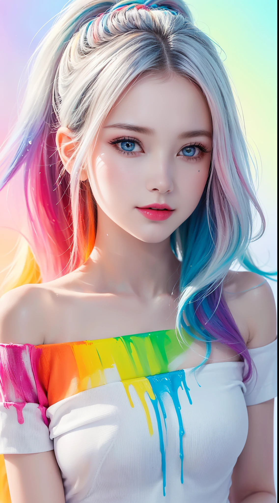 (Pink Fashion T-shirt:1.9),(Colorful hair: 1.8), (all the colours of the rainbow: 1.8),(((((vertical painting:1.6))), (painting:1.6),front, comics, illustrations, paintings, large eyes, crystal clear eyes,( rainbow color gradient high ponytail:1.7), exquisite makeup, closed mouth,(Small Fresh: 1.5),(Wipe Chest: 1.6) ,long eyelashes, white off shoulder T-shirt, White Shoulder Shirt,looking at the audience, large watery eyes, (rainbow colored hair:1.6), color splash, (solo:1.8), color splash, color explosion, thick paint style, messy lines, ((shining)),(colorful), (colorful), (colorful), colorful, Thick Paint Style, (Splash) (Color Splash), Vertical Painting, Upper Body, Paint Splash, Acrylic Pigment, Gradient, Paint, Highest Image Quality, Highest Quality, Masterpiece, Solo, Depth of Field, Face Paint, colorful clothes, (Elegant: 1.2), gorgeous,long hair, wind, (Elegant: 1.3), (Petals: 1.4),(((masterpiece))),(((best quality))),((ultra-detailed)),(illustration),(dynamic angle),((floating)),(paint),((disheveled hair)),(solo),(1girl) , (((detailed anima face))),((beautiful detailed face)),collar,bare shoulders,white hair, ((colorful hair)),((streaked hair)),beautiful detailed eyes,(Gradient color eyes),(((colorful eyes))),(((colorful background))),(((high saturation))),(((surrounded by colorful splashes))),