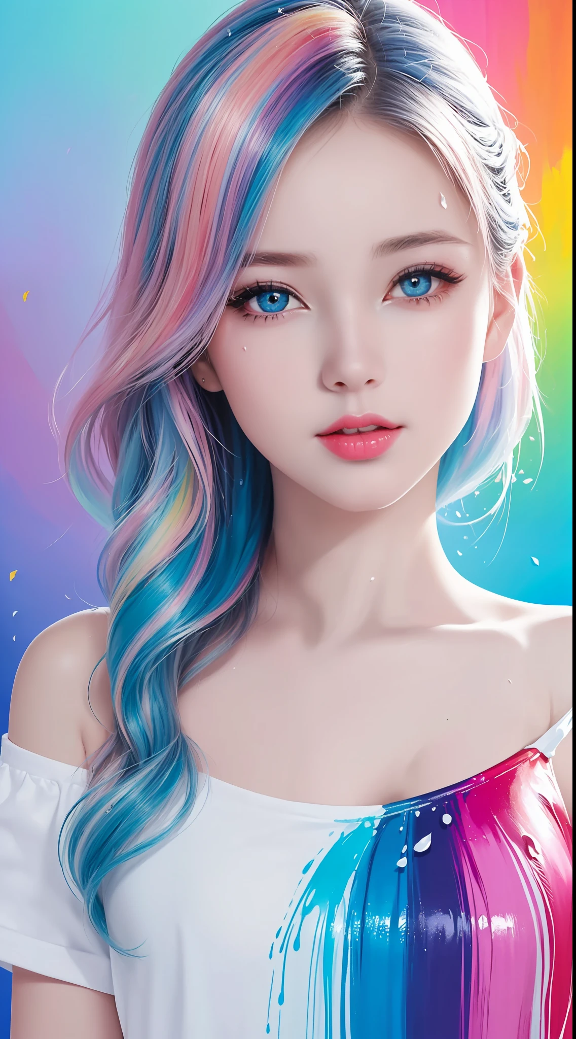 (Pink Fashion T-shirt:1.9),(Colorful hair: 1.8), (all the colours of the rainbow: 1.8),(((((vertical painting:1.6))), (painting:1.6),front, comics, illustrations, paintings, large eyes, crystal clear eyes,( rainbow color gradient high ponytail:1.7), exquisite makeup, closed mouth,(Small Fresh: 1.5),(Wipe Chest: 1.6) ,long eyelashes, white off shoulder T-shirt, White Shoulder Shirt,looking at the audience, large watery eyes, (rainbow colored hair:1.6), color splash, (solo:1.8), color splash, color explosion, thick paint style, messy lines, ((shining)),(colorful), (colorful), (colorful), colorful, Thick Paint Style, (Splash) (Color Splash), Vertical Painting, Upper Body, Paint Splash, Acrylic Pigment, Gradient, Paint, Highest Image Quality, Highest Quality, Masterpiece, Solo, Depth of Field, Face Paint, colorful clothes, (Elegant: 1.2), gorgeous,long hair, wind, (Elegant: 1.3), (Petals: 1.4),(((masterpiece))),(((best quality))),((ultra-detailed)),(illustration),(dynamic angle),((floating)),(paint),((disheveled hair)),(solo),(1girl) , (((detailed anima face))),((beautiful detailed face)),collar,bare shoulders,white hair, ((colorful hair)),((streaked hair)),beautiful detailed eyes,(Gradient color eyes),(((colorful eyes))),(((colorful background))),(((high saturation))),(((surrounded by colorful splashes))),