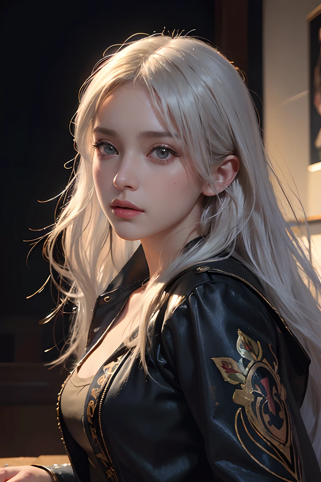 Hyperrealist portrait of female by david hockney and alphonse mucha,fantasy art, photo realistic, dynamic lighting, artstation, poster, volumetric lighting, very detailed faces, 4 k, award winning,, 1girl, in the dark, deep shadow, low key,cowboy shot,(official clothing:1.4) ,long hair,white hair,