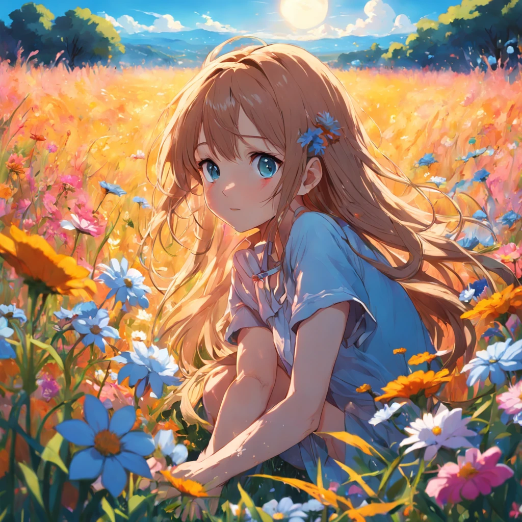 A young woman finds herself immersed in a field of flowers under the summer sun, where vivid colors and sweet fragrances envelop your senses, as she explores the beauty of nature in full season."