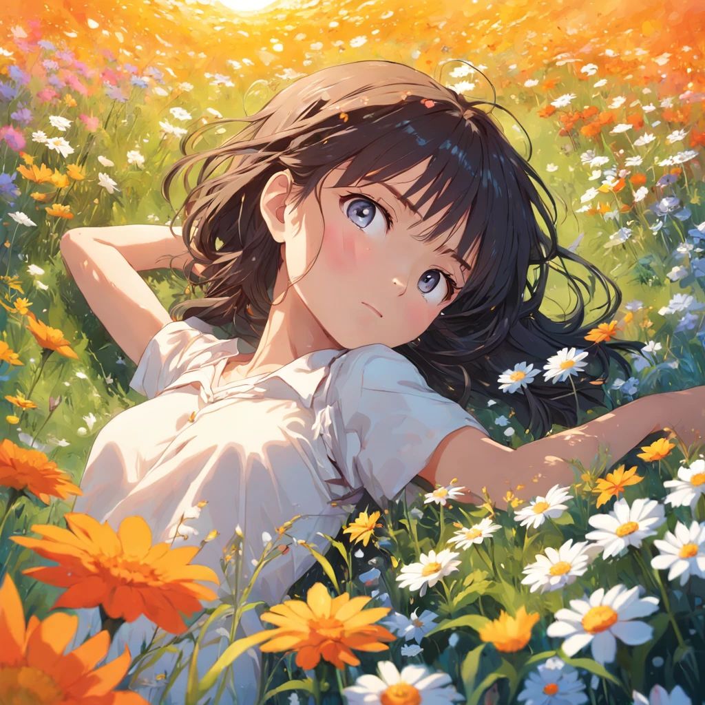 A young woman finds herself immersed in a field of flowers under the summer sun, where vivid colors and sweet fragrances envelop your senses, as she explores the beauty of nature in full season."