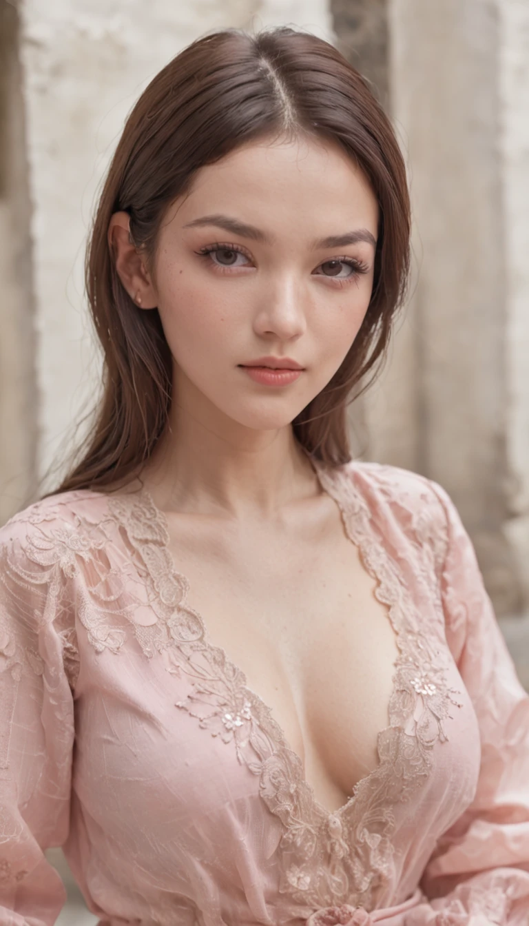 (One lady)、Sexy women in Afghanistan、18year old、Coquettish chest up,purse your lips,Pupil flickering,Shyness and drunkenness,Plant tattoos,oversized tits,Pink ,Affofualism,photo realisti,God Light,Chest table,One person's point of view,1080p,high detal,Skin Texture。