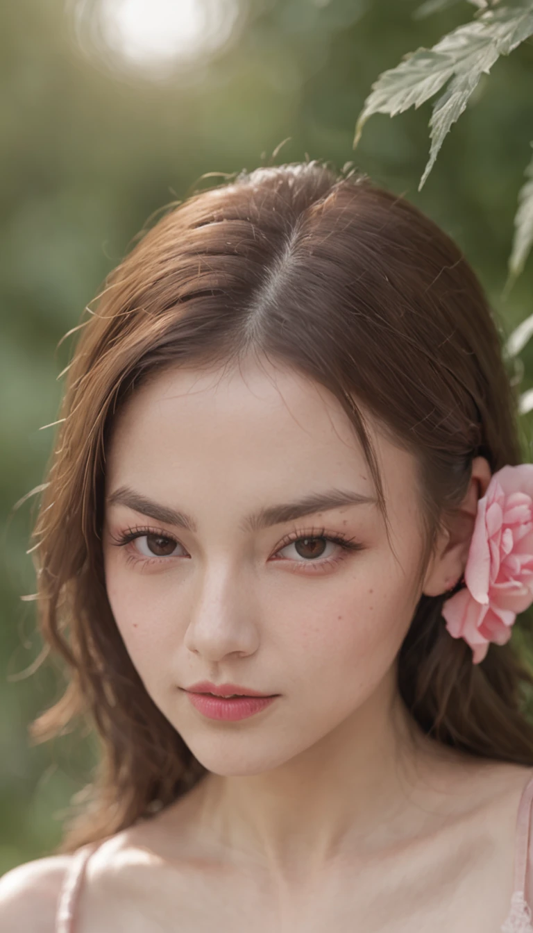 (One lady)、Sexy women in Afghanistan、18year old、Coquettish chest up,purse your lips,Pupil flickering,Shyness and drunkenness,Plant tattoos,oversized tits,Pink ,Affofualism,photo realisti,God Light,Chest table,One person's point of view,1080p,high detal,Skin Texture。
