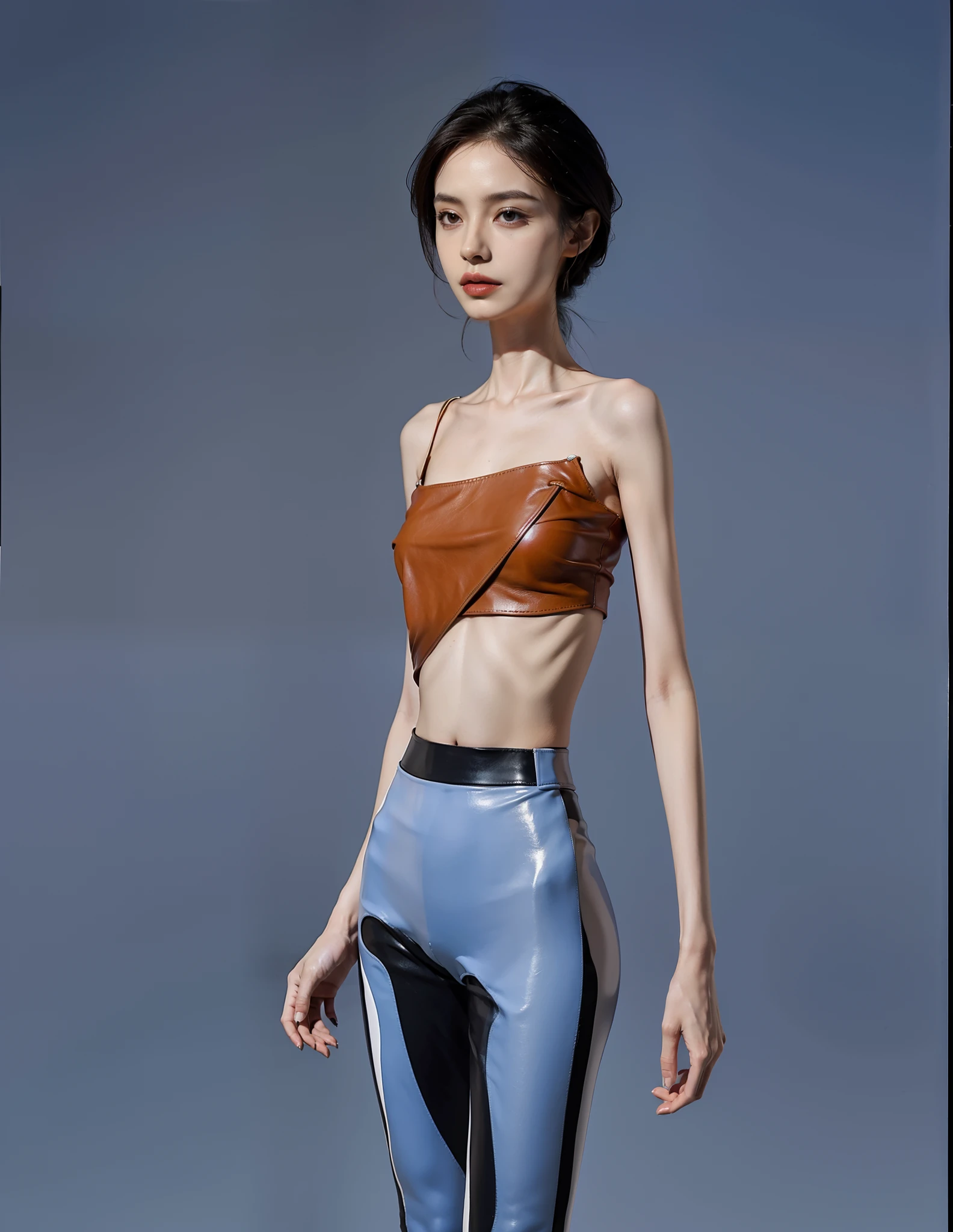 Thin，Skin and bones，Protruding ribs，Protruding pelvis，Thin leg，big breasts thin waist，The collarbone is prominent，femele，leather pant，tight-fitting
