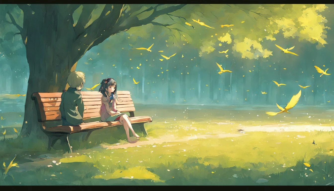 highly  detailed, The best quality, A 20-year-old girl, cabelos preto e longos, Blue light eyes, pinkdress, A flock of birds flew overhead, Their chirping filled the air, A bouquet of flowers was forgotten on the bench, The leaves on the tree change from green to yellow, A sign that time is passing, The man stood by and looked at the girl, The girl sits on a bench, A couple in the park, side ponytail, masterpiece