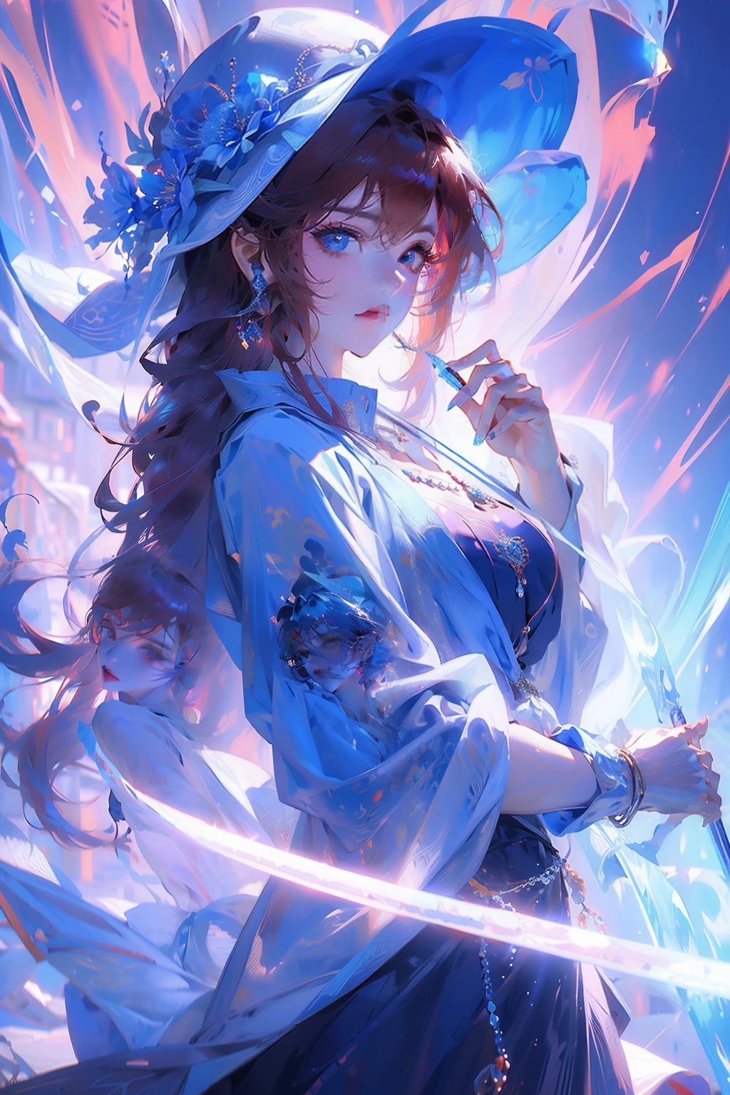 Bust of a beautiful noble maiden，Red chestnut hair elegantly coiled，A huge magic ball on his chest，（(Wear a big skirt(blue colors)bucket-hat))，Purple clear eyes，The hair is covered with beautiful and delicate floral craftsmanship, Crystal jewelry filigree，Ultra-detailed details