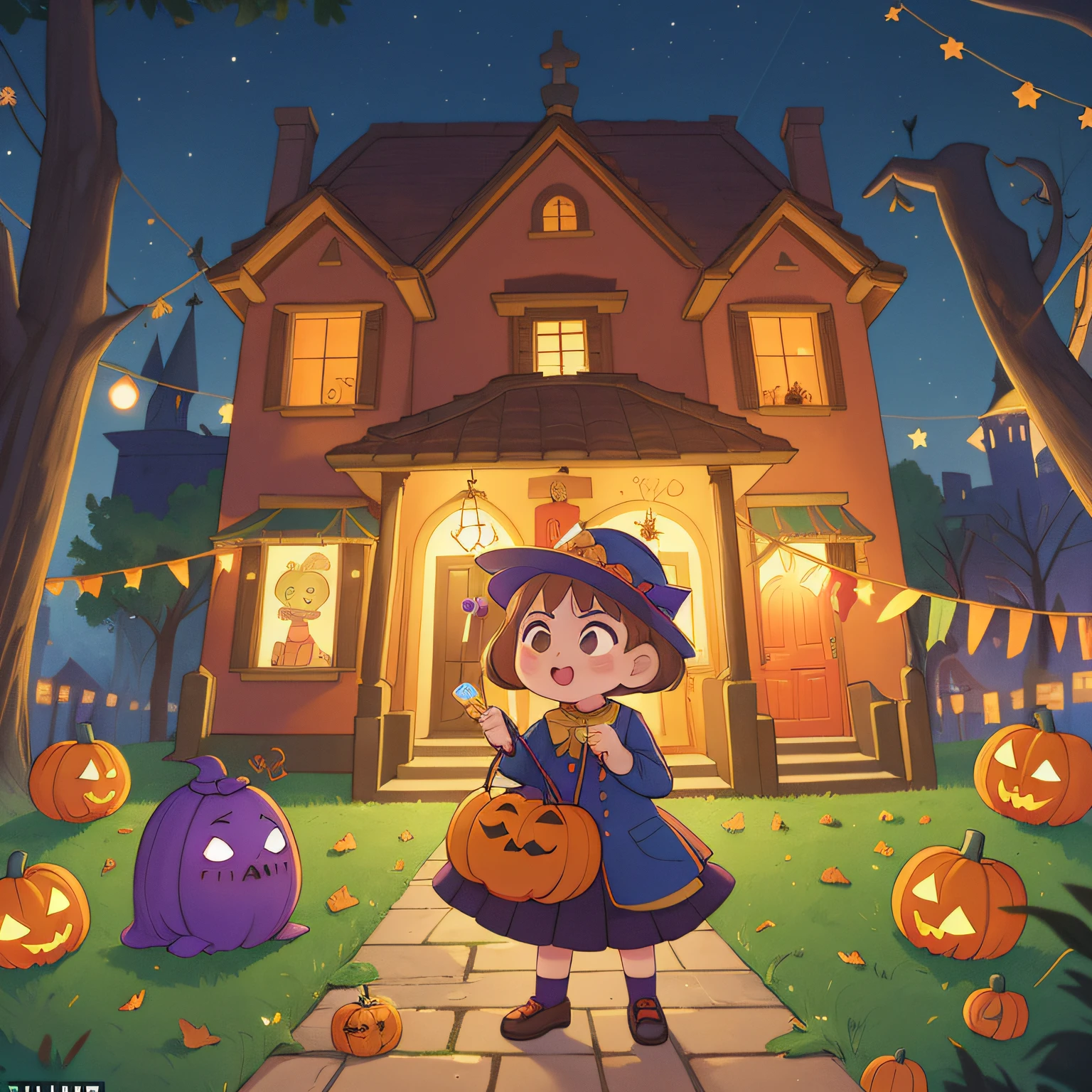 (melhor qualidade, alta qualidade:1.3), CG, dramatic lighting, altamente detalhado, Bokeh, Fantasias de Halloween, truque ou tratamento, Meia-noite, haunted house, pumpkin lamps, Fantasmas, SPIRITS, lua cheia, aventura, ((masterpiece: 1.2, best quality)), Invitations had been mysteriously delivered to each home, inviting children and adults alike to participate in a search for sweets hidden throughout the city.