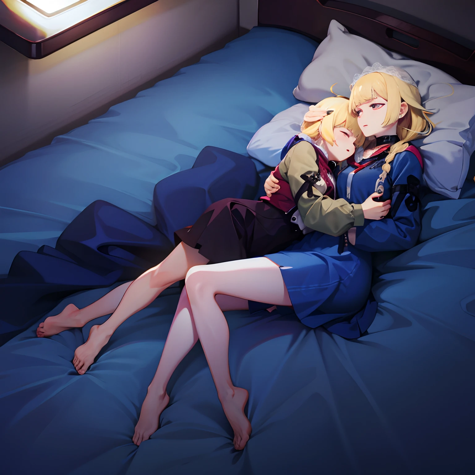Beds,husband and wife,night sea,a moon